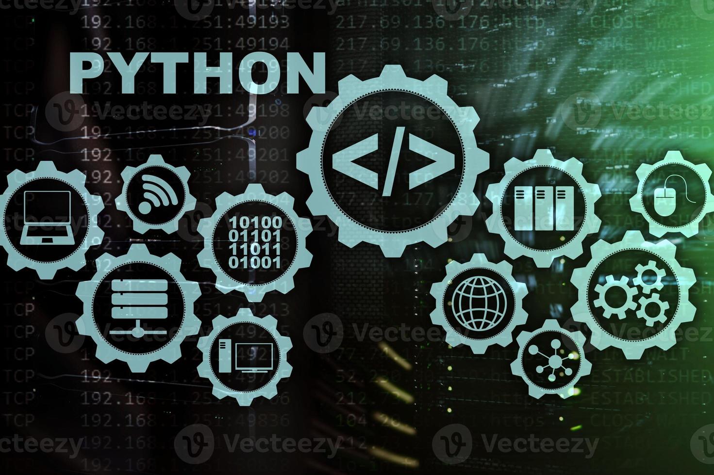 Python Programming Language on server room background. Programing workflow abstract algorithm concept on virtual screen photo