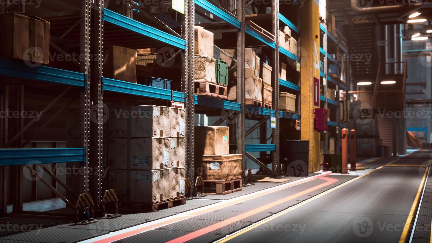 rows of shelves with boxes in warehouse photo