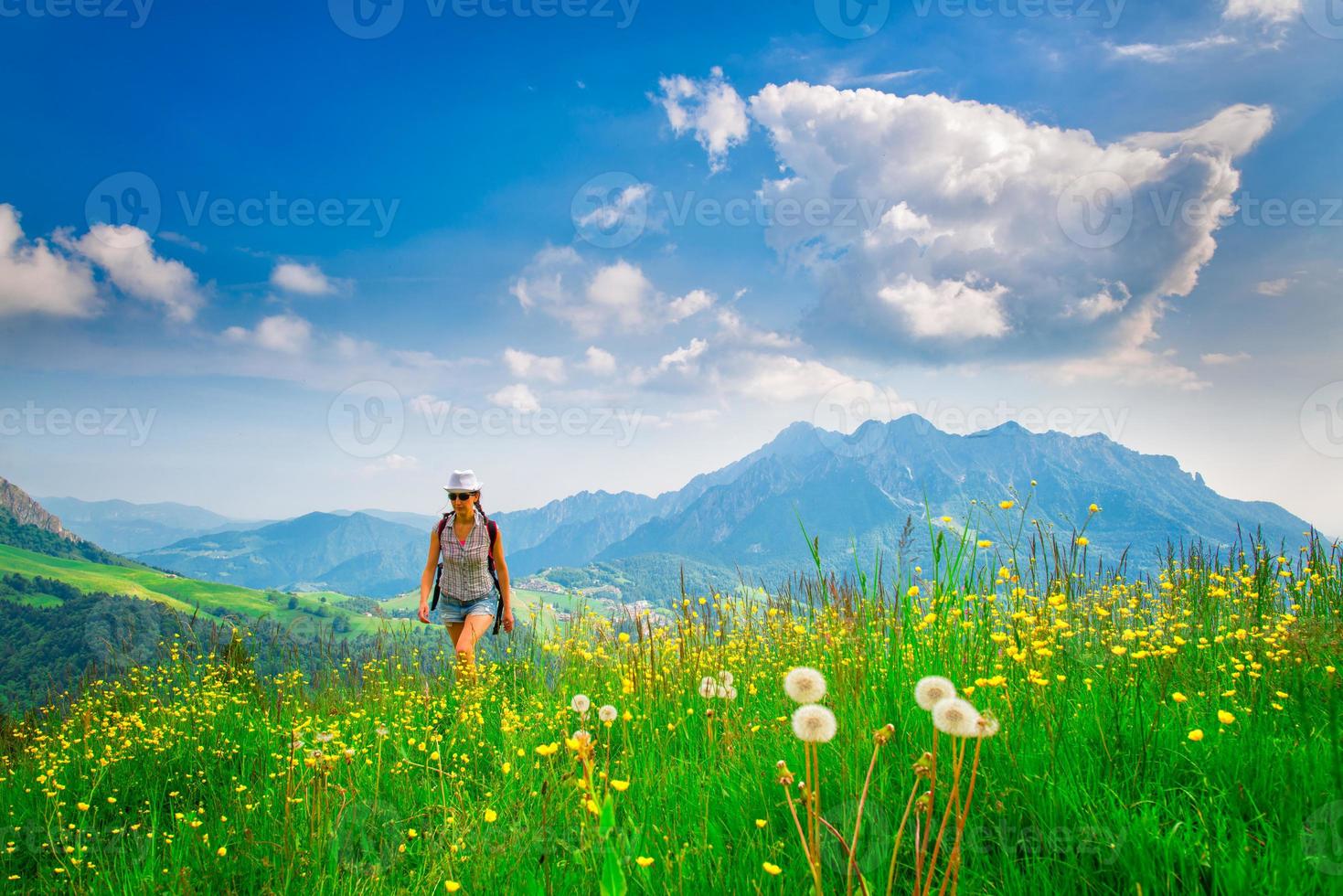 senderismo alpino chica solitaria en un prado florido foto