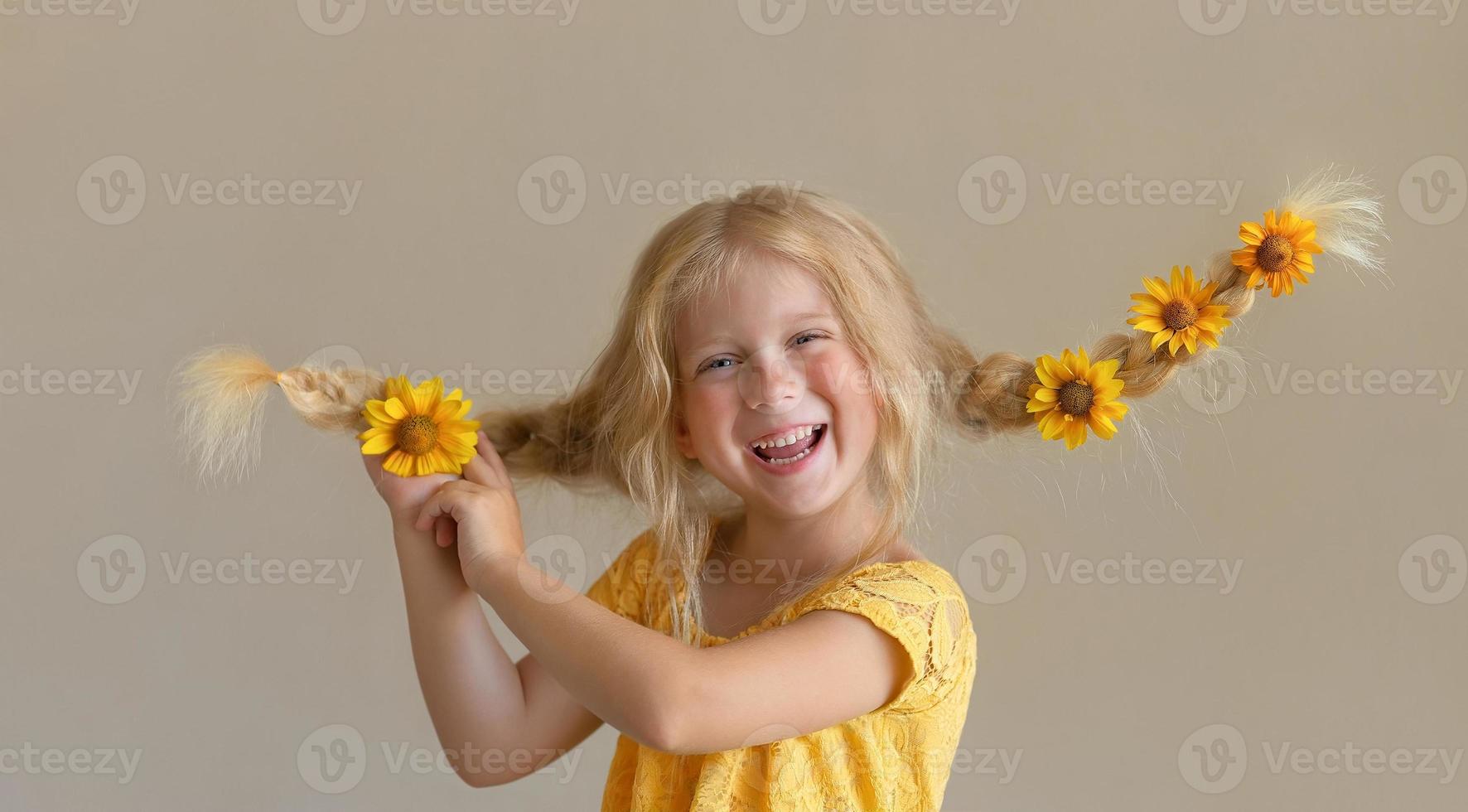 Laughing girl with yellow flowers in braids photo