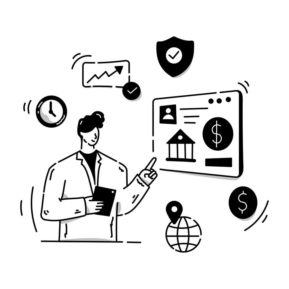 A hand drawn illustration of accounting consultant, person with accounts document vector