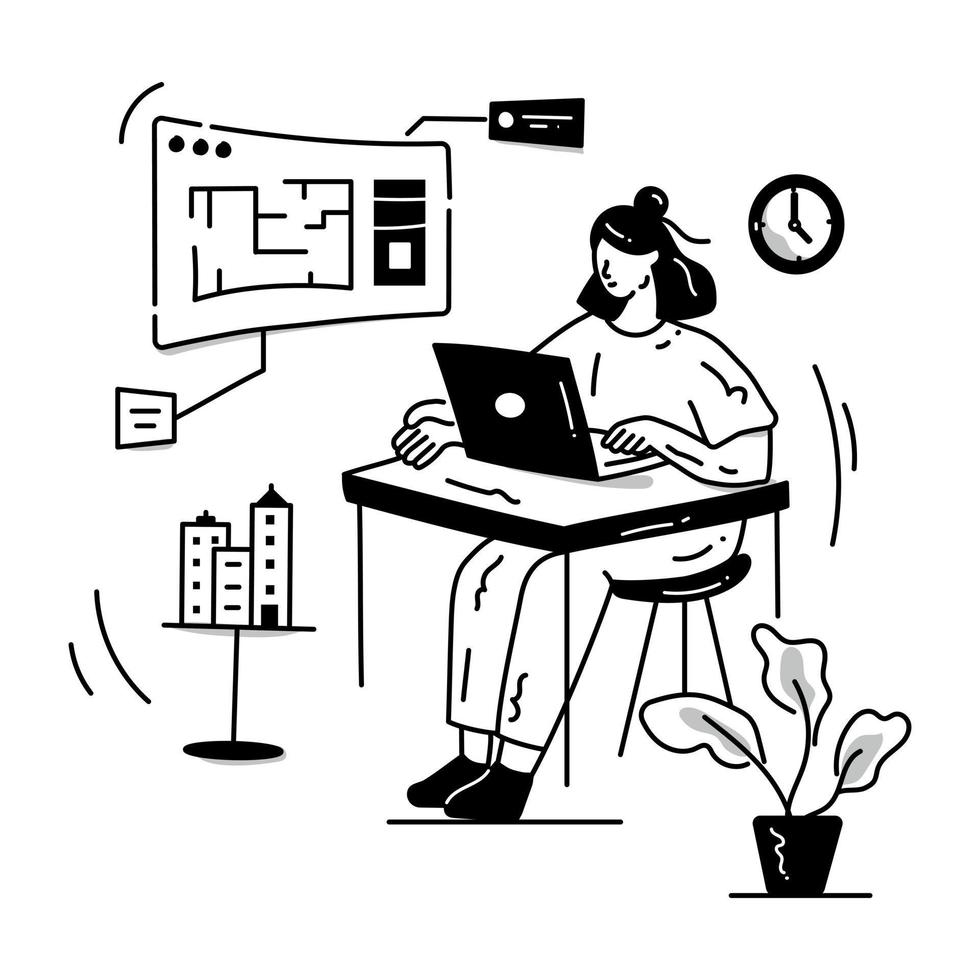 Person designing a building with hand, hand drawn illustration of architect vector