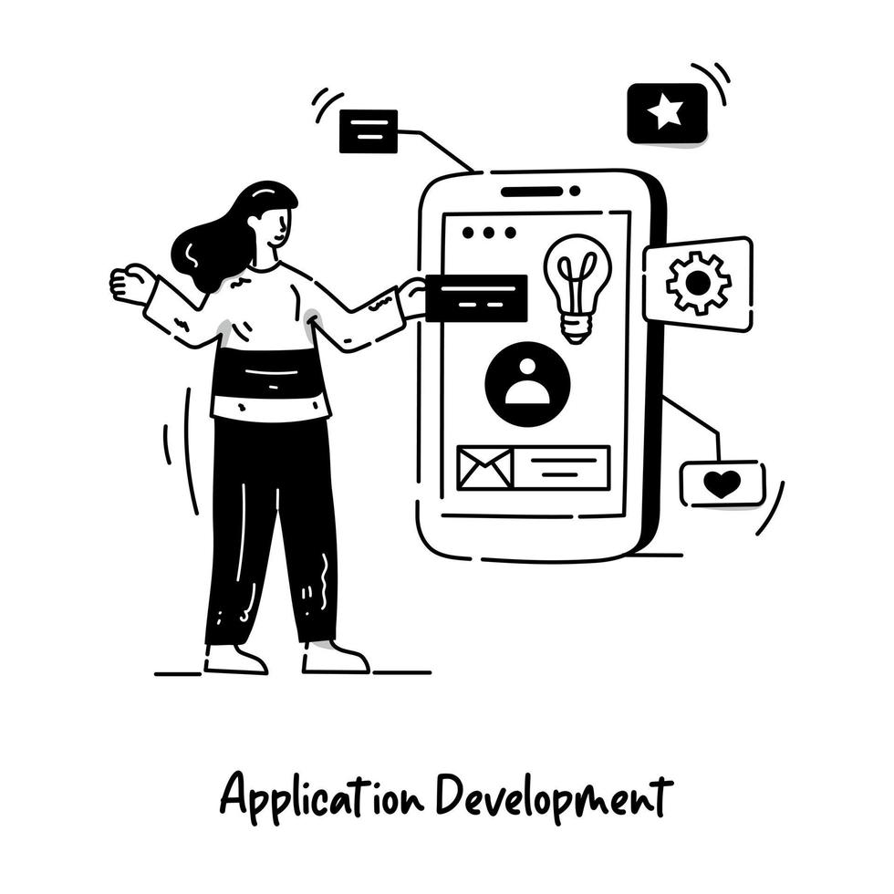 ilustración de dibujado a mano de proceso de desarrollo de aplicaciones de ejecución femenina vector