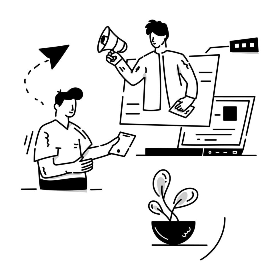 Virtual product advertisement, hand drawn illustration of online marketing vector