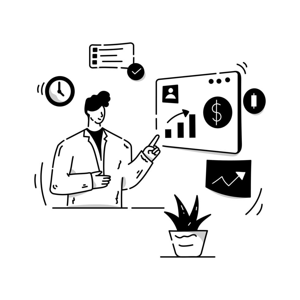 una ilustración dibujada a mano de un consultor contable, una persona con un documento contable vector