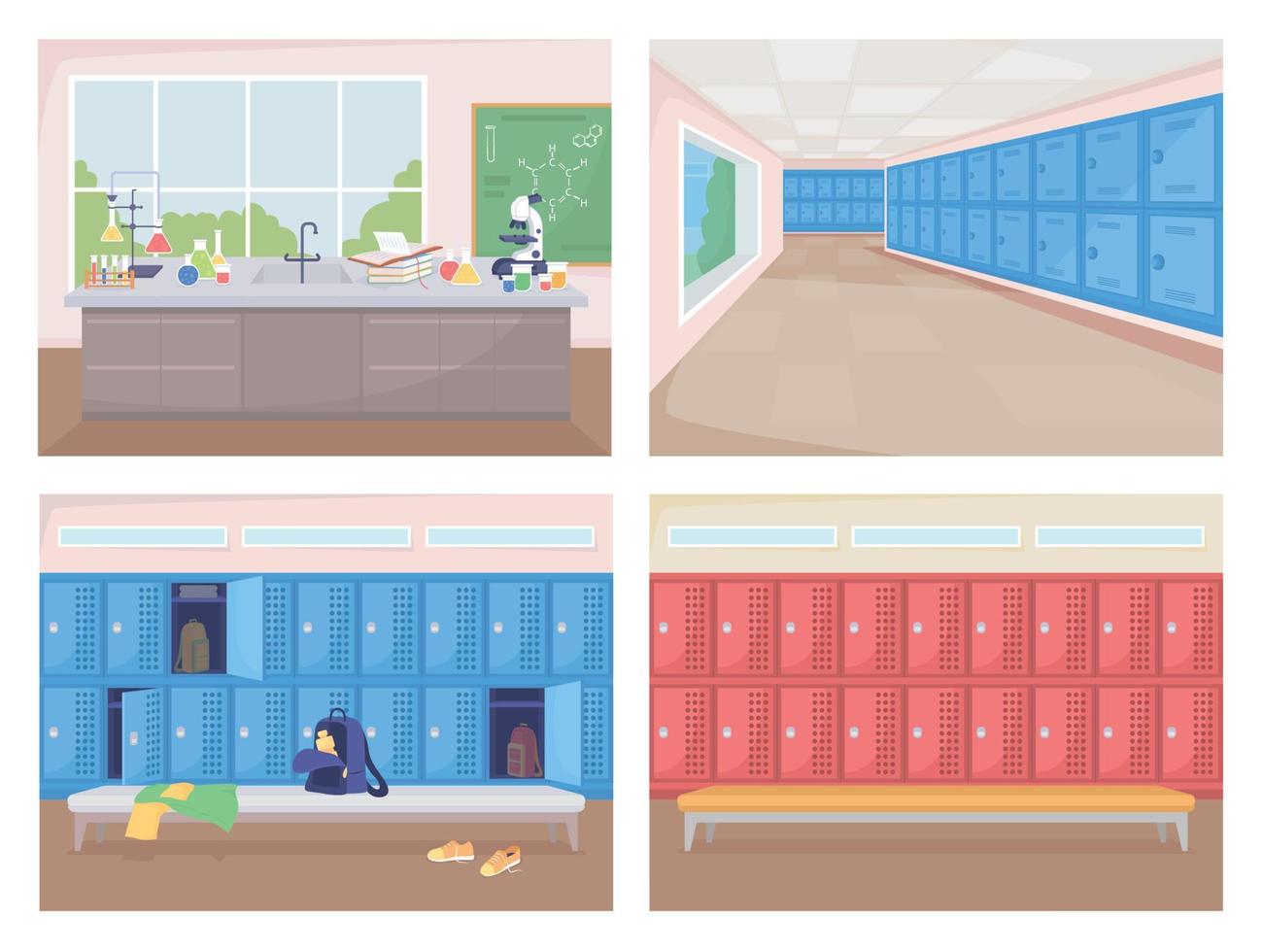 conjunto de ilustración de vector de color plano de salas de escuela