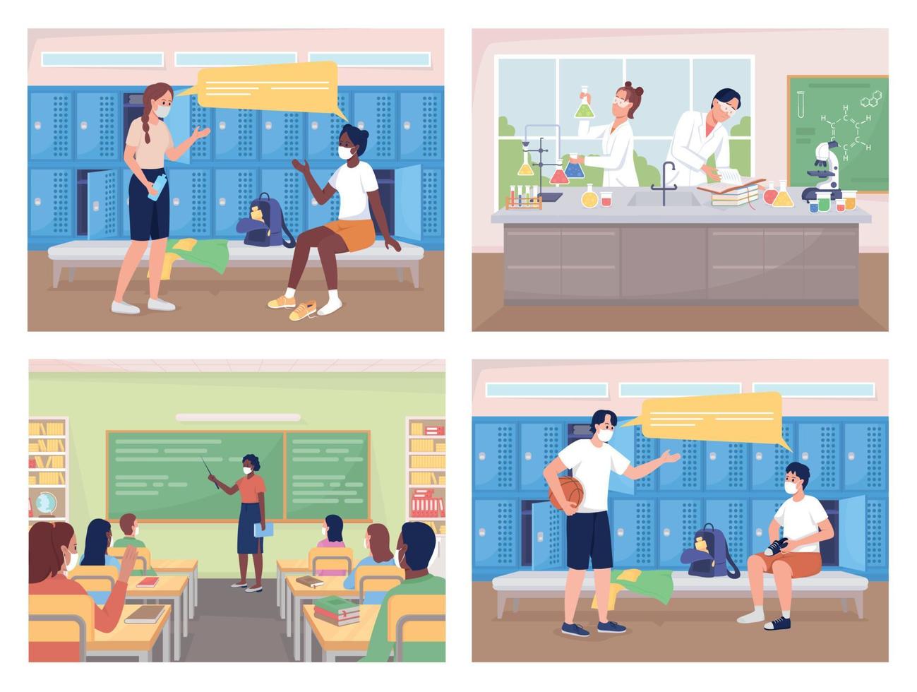 High school classes flat color vector illustration set