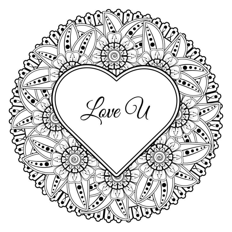 Mehndi flower with frame in shape of heart. decoration in ethnic oriental, doodle ornament. vector