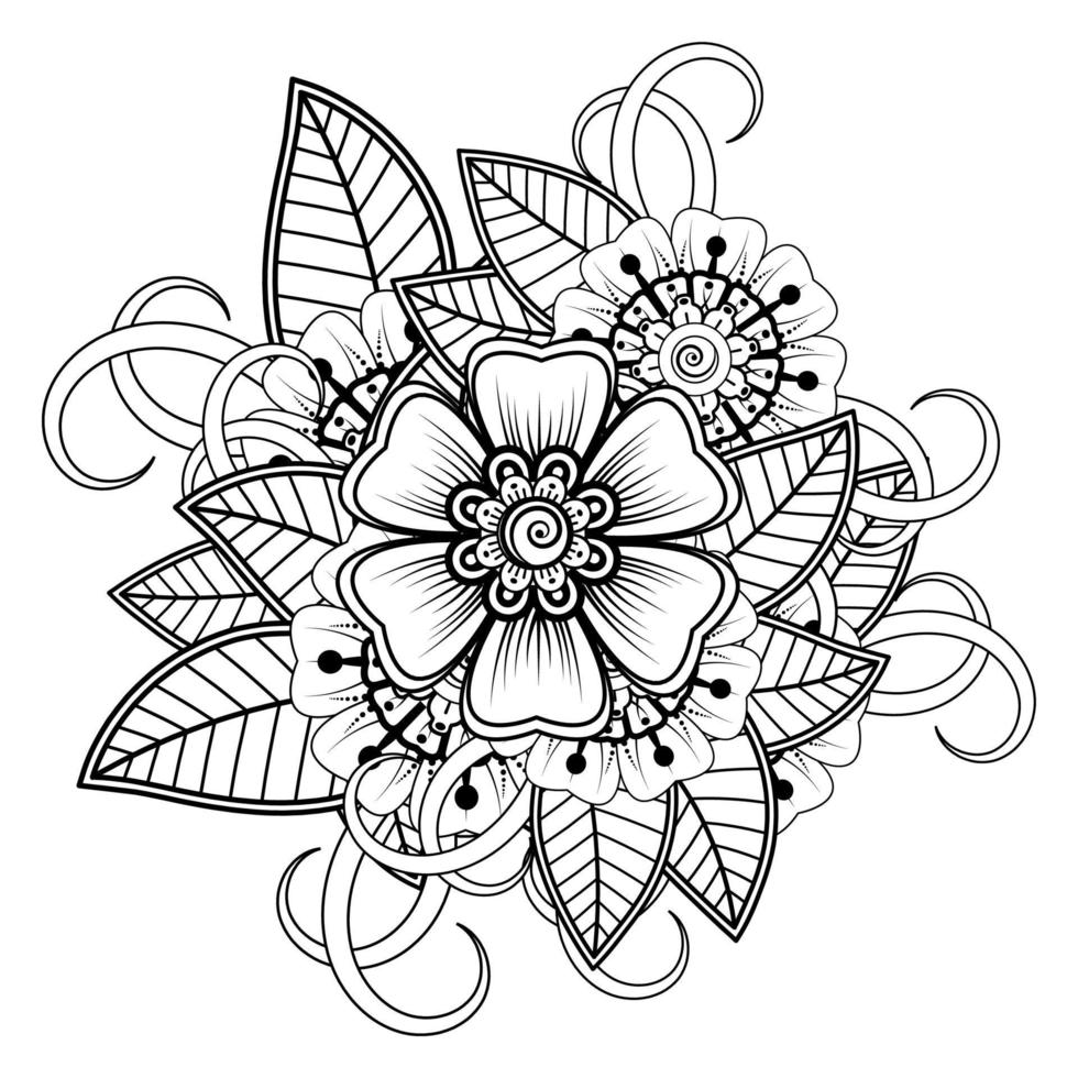 flor mehndi para henna, mehndi, tatuaje, decoración. adorno decorativo en estilo étnico oriental, adorno de doodle, dibujo a mano de contorno. página de libro para colorear. vector