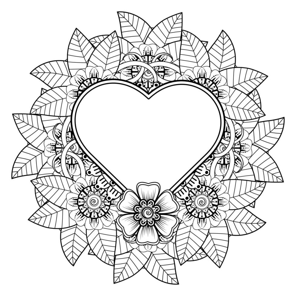 Mehndi flower with frame in shape of heart. decoration in ethnic oriental, doodle ornament. vector