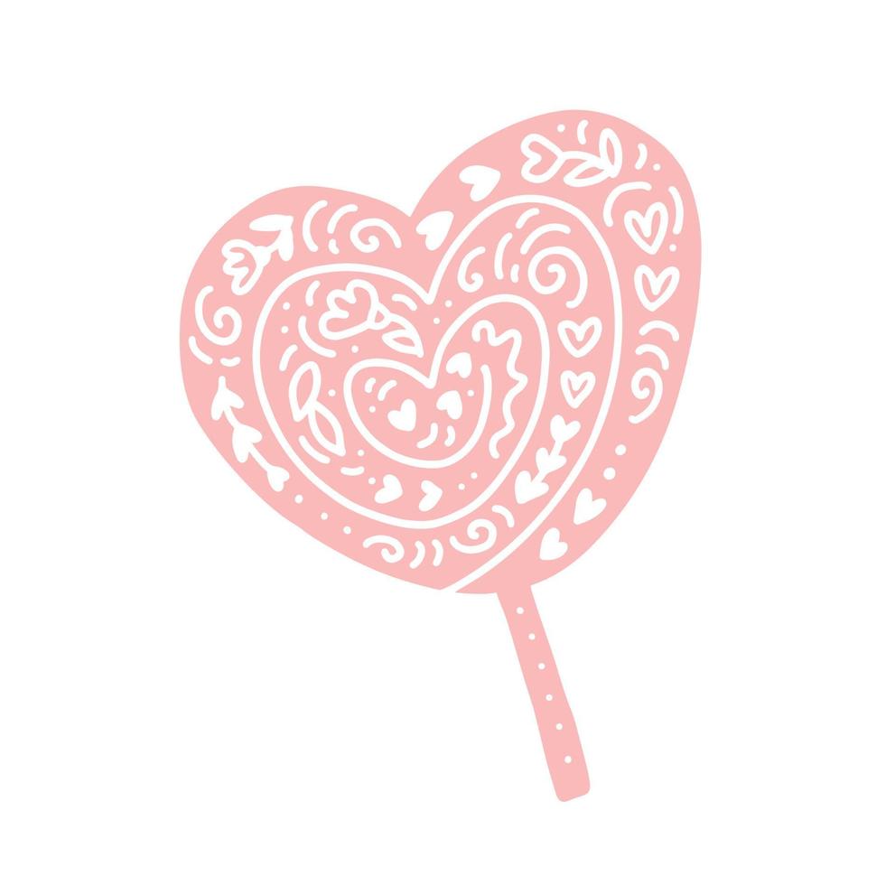 dulce piruleta en forma de corazón caramelo rosa amor florecer fondo. Ilustración de vector de corazón dibujado a mano simple. perfecto como arte mural, tarjeta de regalo de San Valentín, póster o invitación