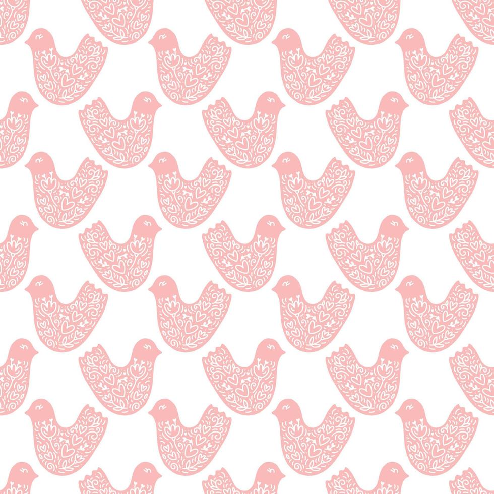Floral vector seamless pattern with birds. Retro vintage valentine scandinavian style design with spring flowers, birds and heards. Doodle hand drawn baby print