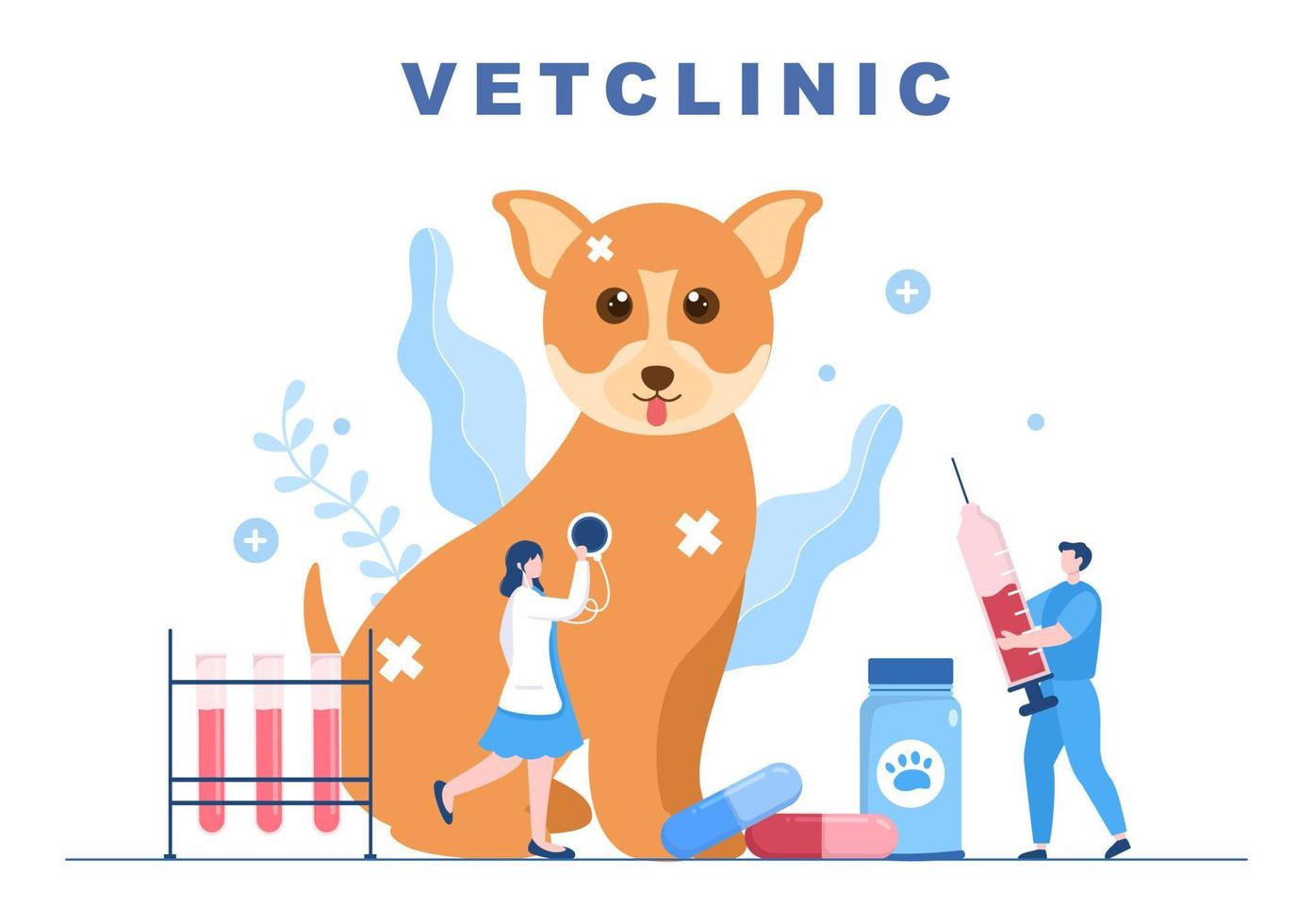 médico de la clínica veterinaria examinando, vacunando y cuidando la salud de mascotas como perros y gatos en caricatura plana ilustración vectorial de fondo para afiches o pancartas vector