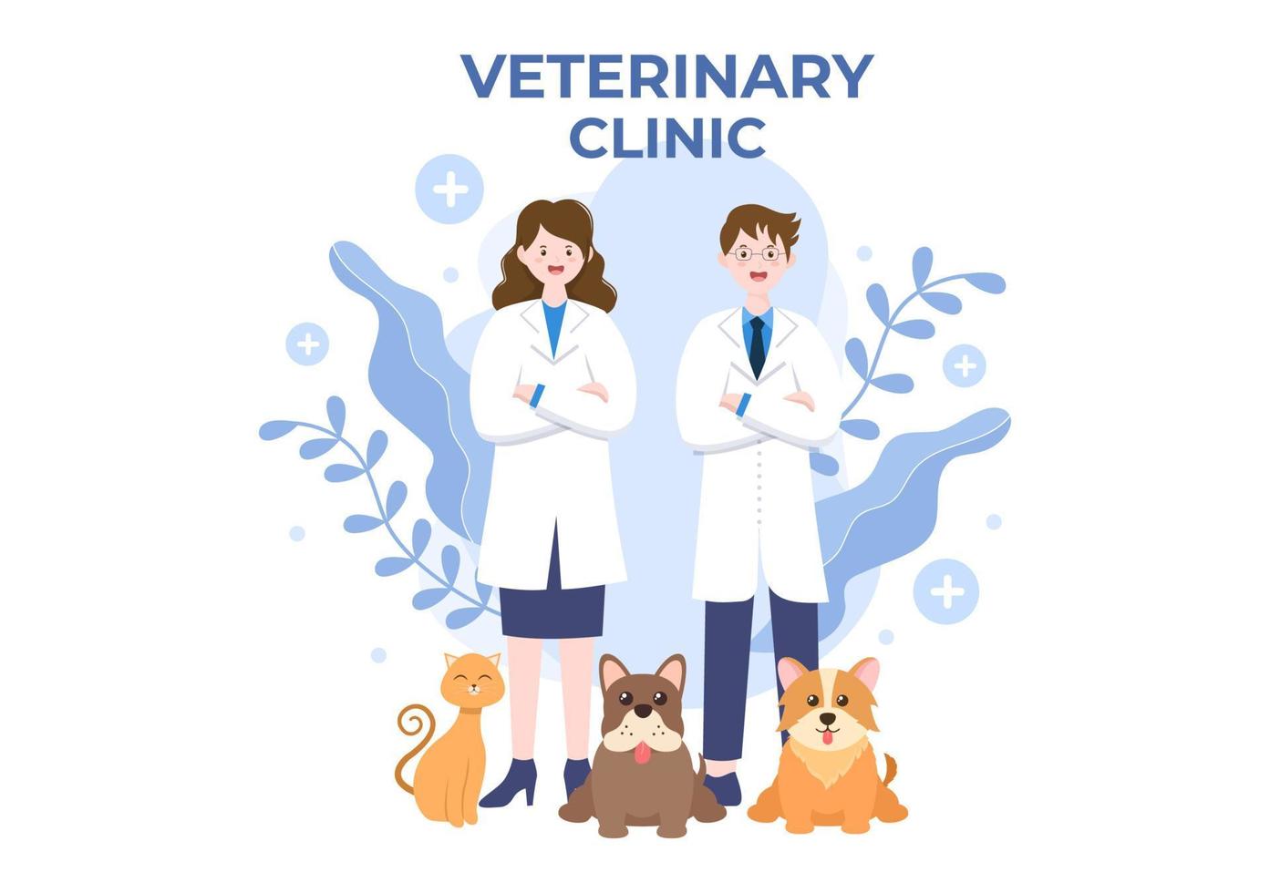 médico de la clínica veterinaria examinando, vacunando y cuidando la salud de mascotas como perros y gatos en caricatura plana ilustración vectorial de fondo para afiches o pancartas vector