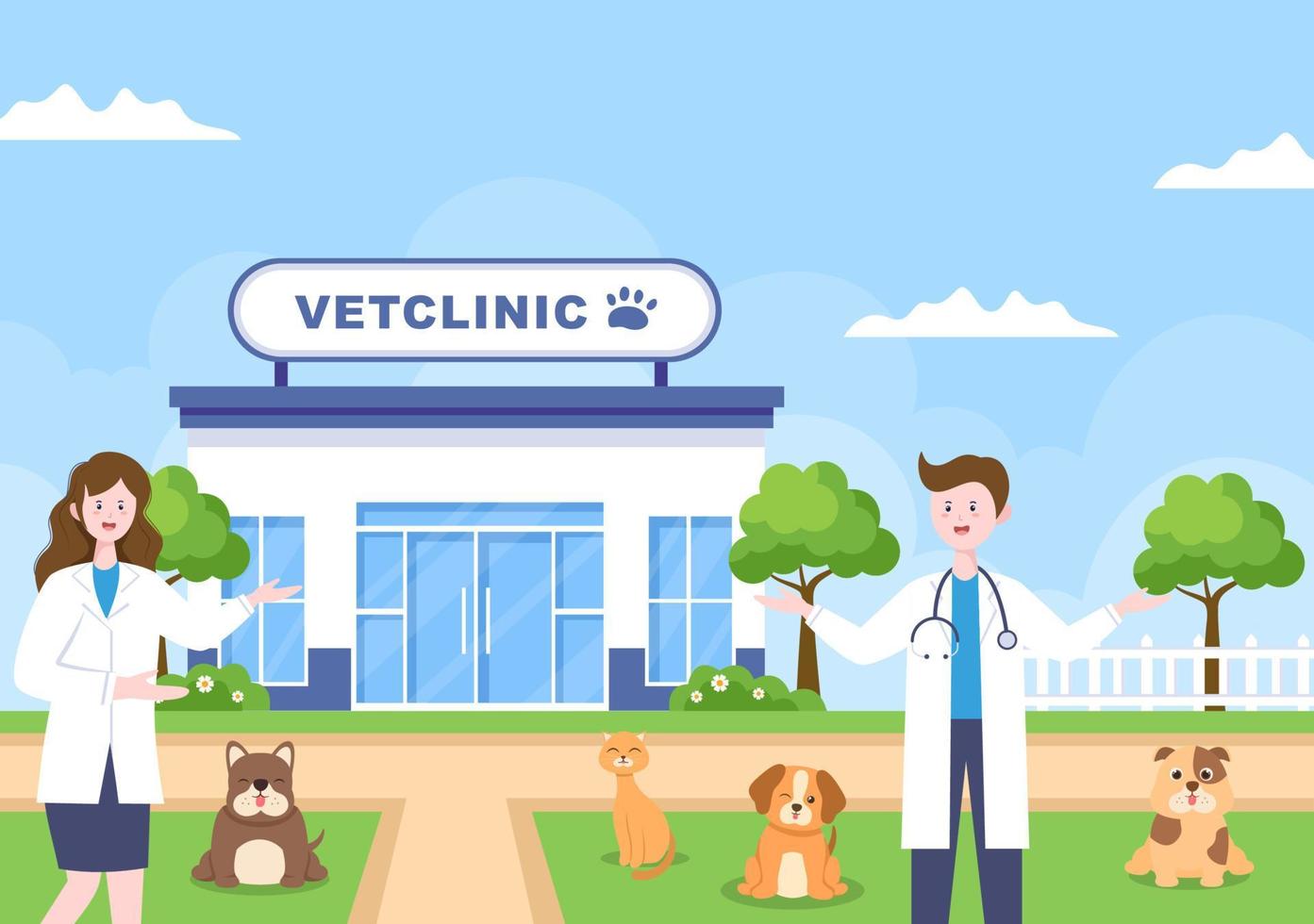 médico de la clínica veterinaria examinando, vacunando y cuidando la salud de mascotas como perros y gatos en caricatura plana ilustración vectorial de fondo para afiches o pancartas vector