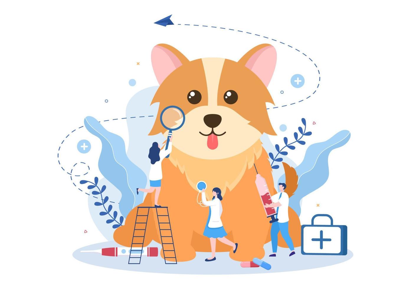 Veterinary Clinic Doctor Examining, Vaccination and Health care for Pets Like Dogs and Cats in Flat Cartoon Background Vector Illustration for Poster or Banner