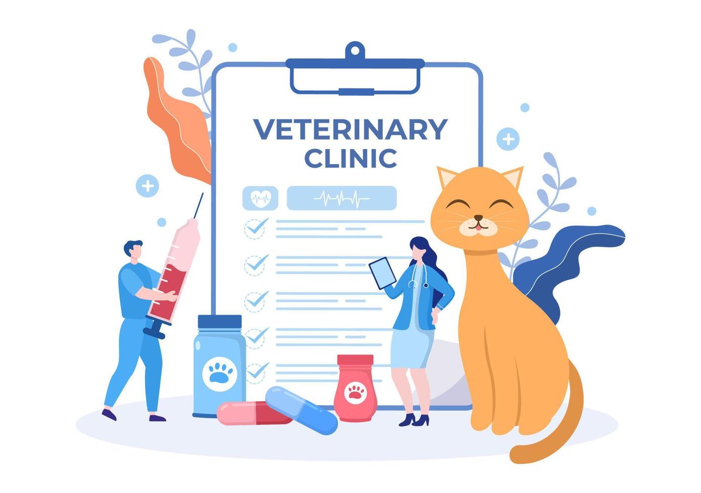 médico de la clínica veterinaria examinando, vacunando y cuidando la salud de mascotas como perros y gatos en caricatura plana ilustración vectorial de fondo para afiches o pancartas vector