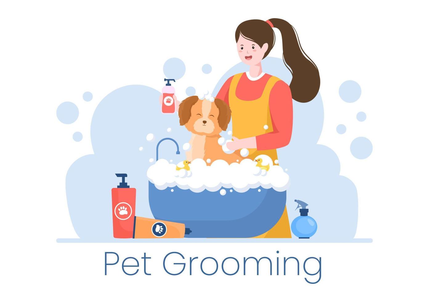 Pet Grooming for Dogs and Cats in Flat Cartoon Hand drawn Background Illustration. The Main Tools Which are used in Beauty Salon for Poster or Banner vector