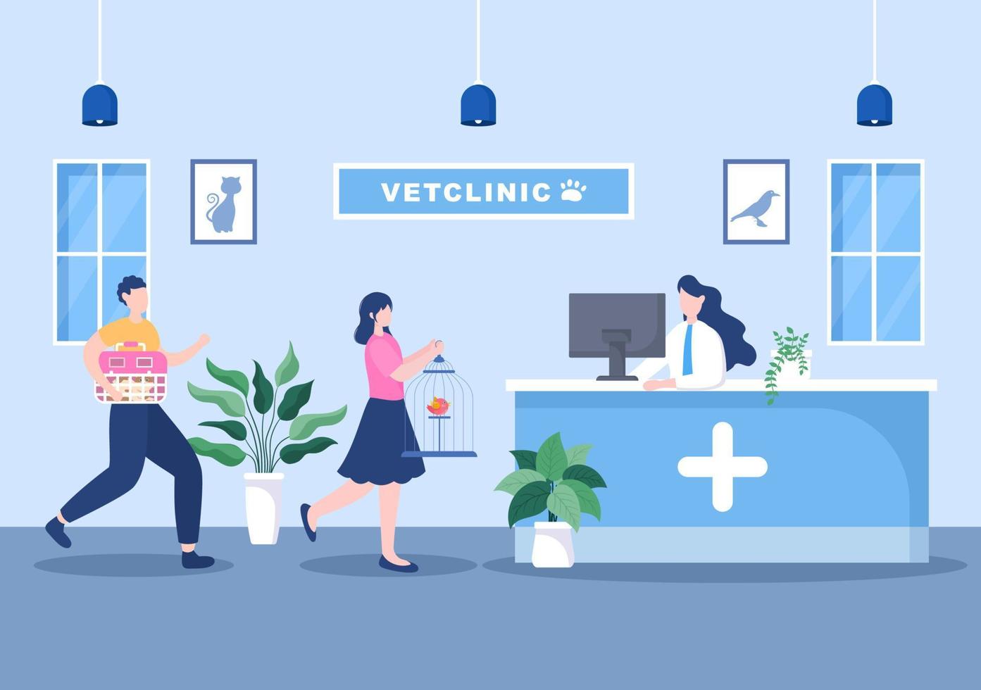 Veterinary Clinic Doctor Examining, Vaccination and Health care for Pets Like Dogs and Cats in Flat Cartoon Background Vector Illustration for Poster or Banner