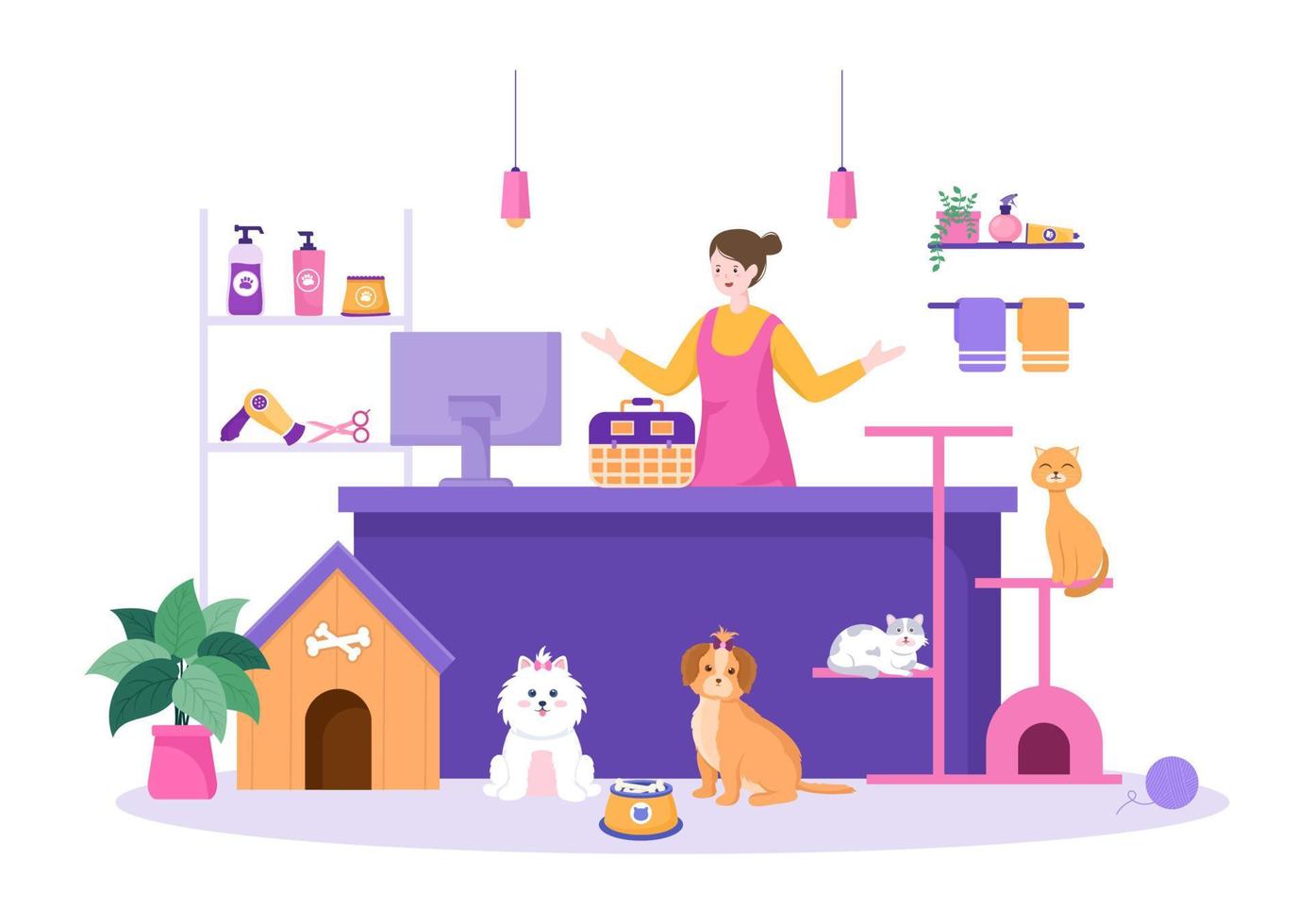Pet Grooming for Dogs and Cats in Flat Cartoon Hand drawn Background Illustration. The Main Tools Which are used in Beauty Salon for Poster or Banner vector