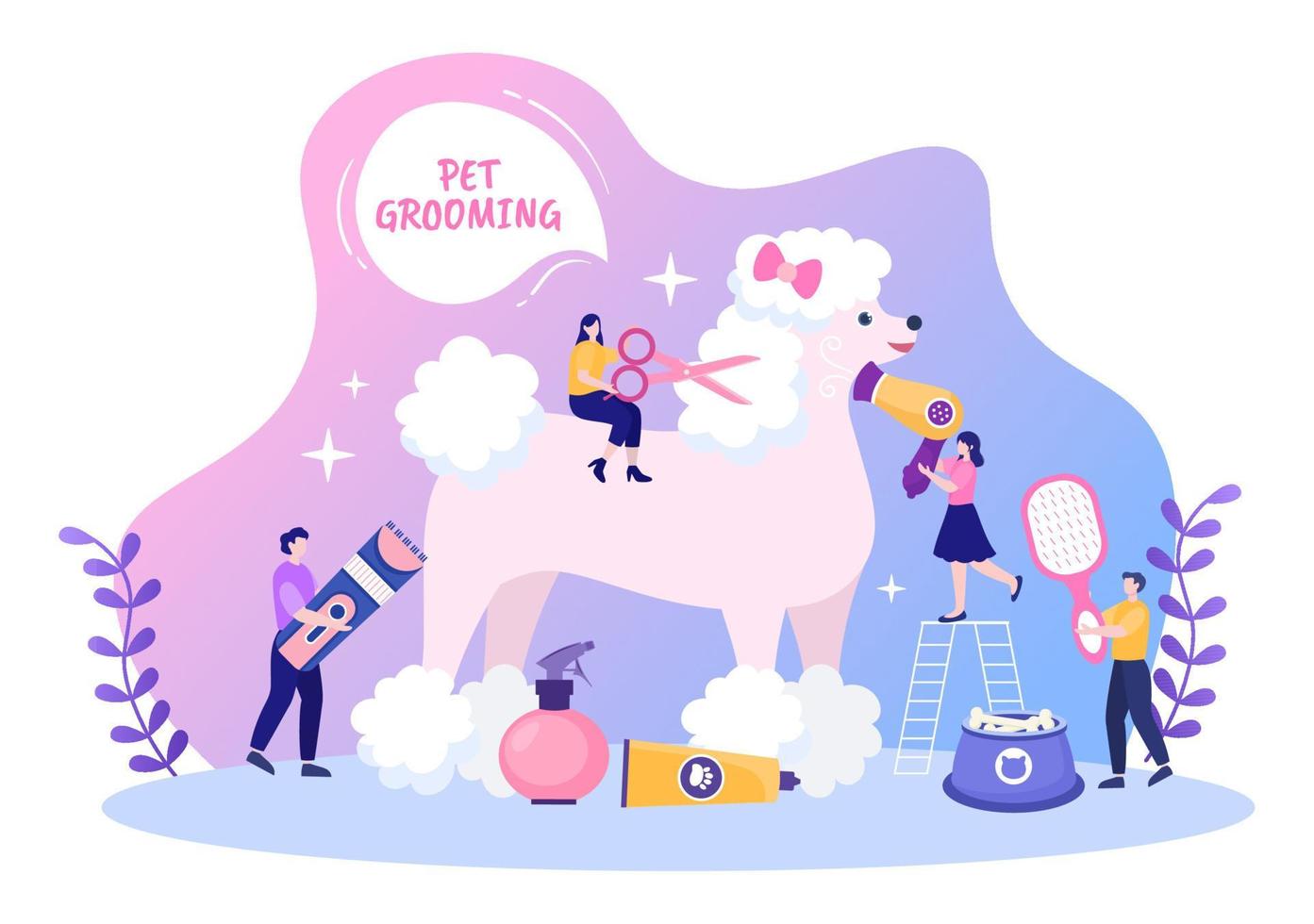 Pet Grooming for Dogs and Cats in Flat Cartoon Hand drawn Background Illustration. The Main Tools Which are used in Beauty Salon for Poster or Banner vector