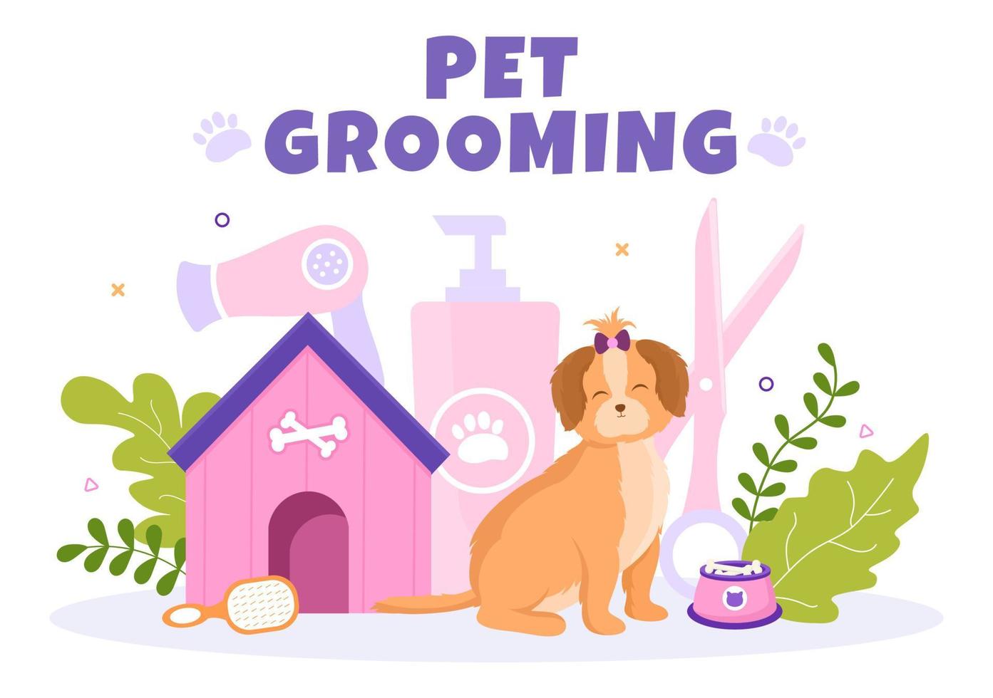 Pet Grooming for Dogs and Cats in Flat Cartoon Hand drawn Background Illustration. The Main Tools Which are used in Beauty Salon for Poster or Banner vector