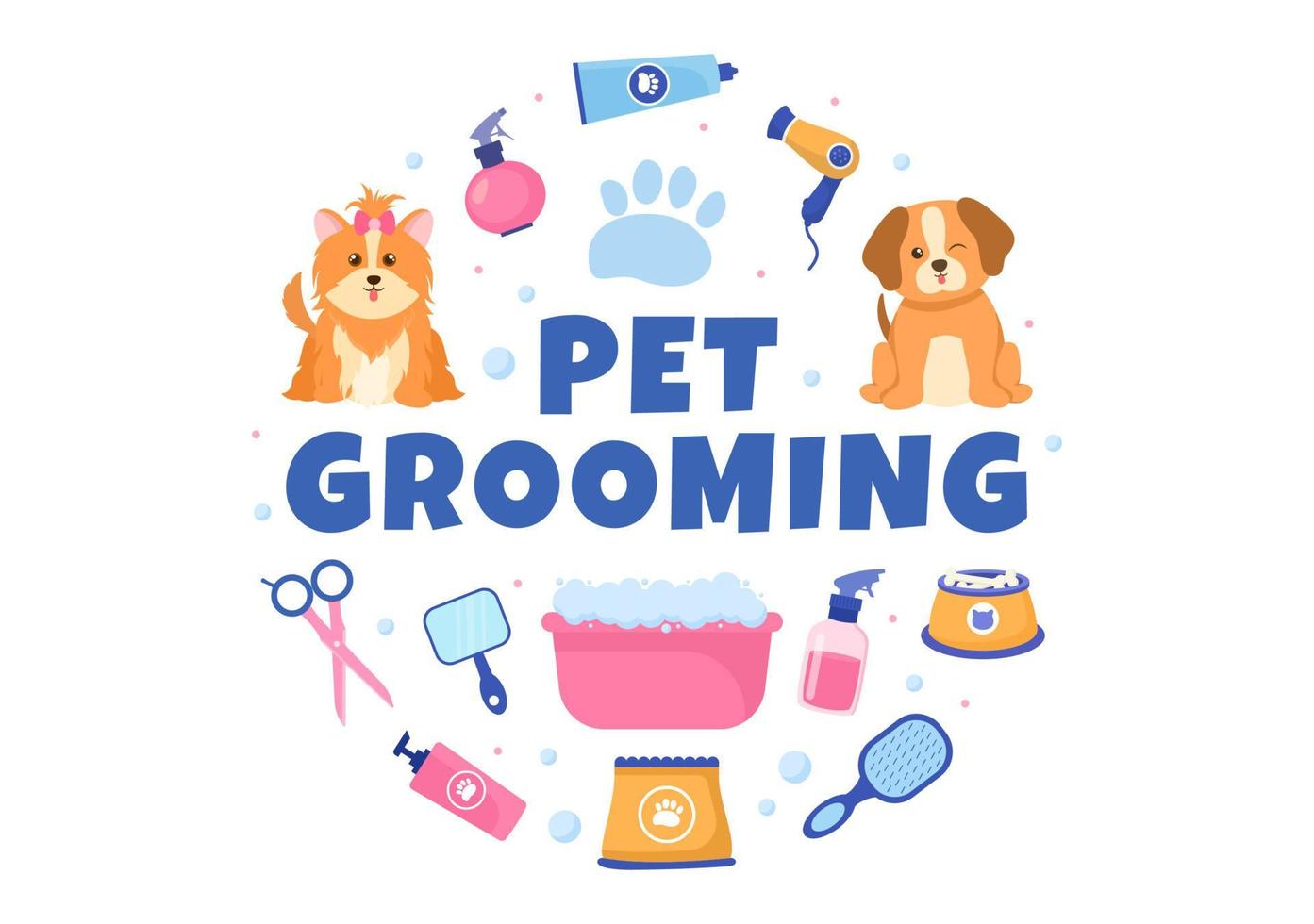 Pet Grooming for Dogs and Cats in Flat Cartoon Hand drawn Background Illustration. The Main Tools Which are used in Beauty Salon for Poster or Banner vector