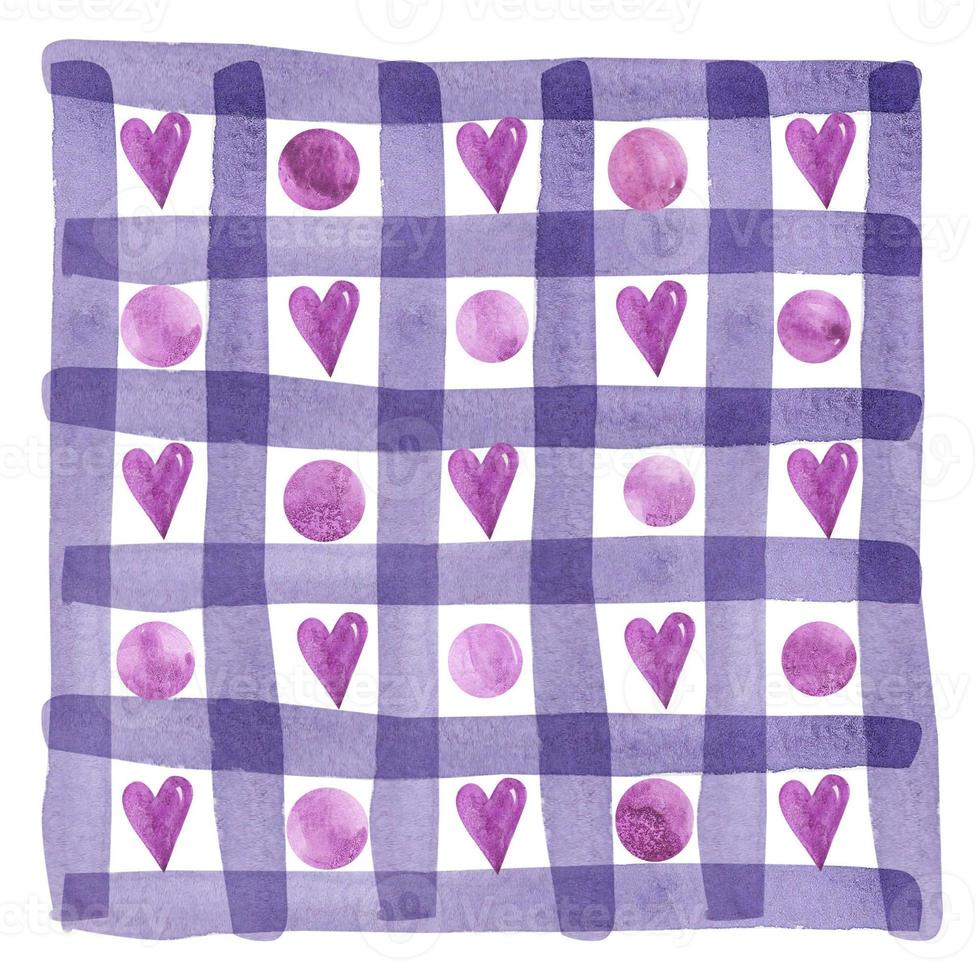 Simple seamless pattern with striped purple hearts on white background. Watercolor hand-drawn illustration. Perfect for textile, fabrics, wrapping paper, linens, invitations, cards, covers and decor. photo