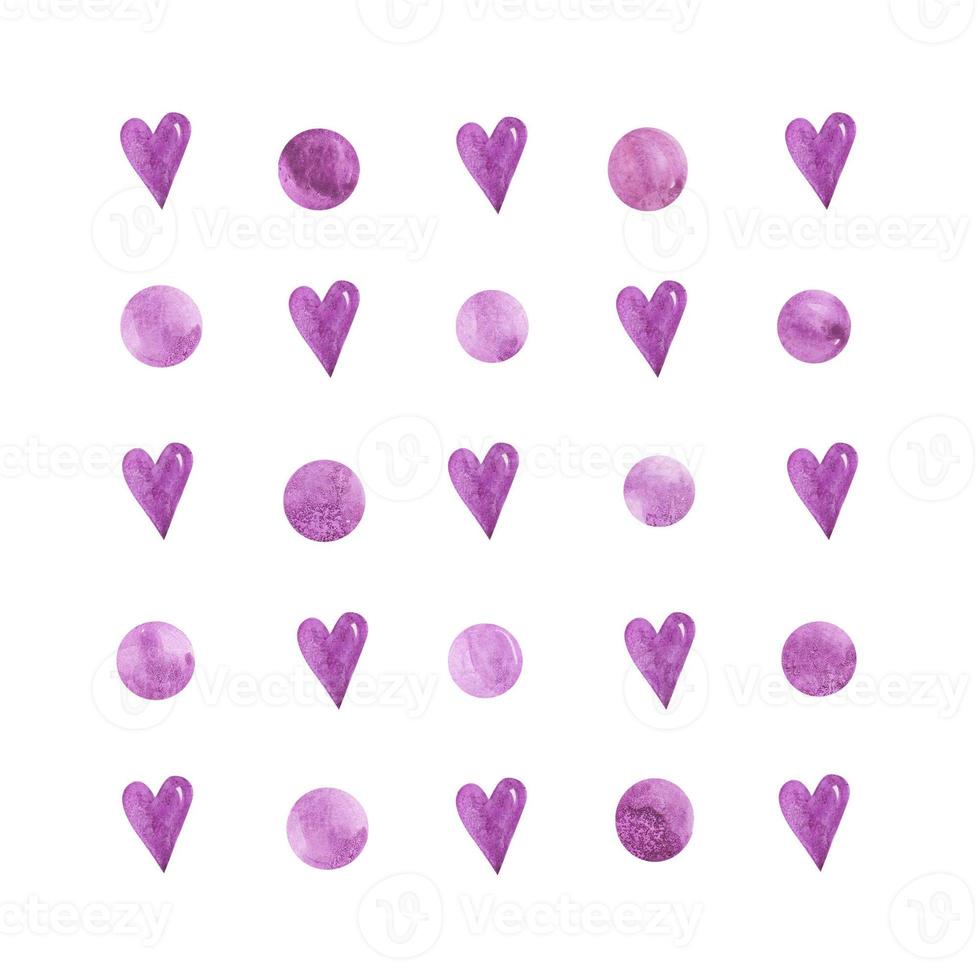Simple seamless pattern with purple hearts on a white background. Watercolor hand-drawn illustration. Ideal for textiles, fabrics, wrapping paper, bed linen, invitations, postcards, covers and decor. photo