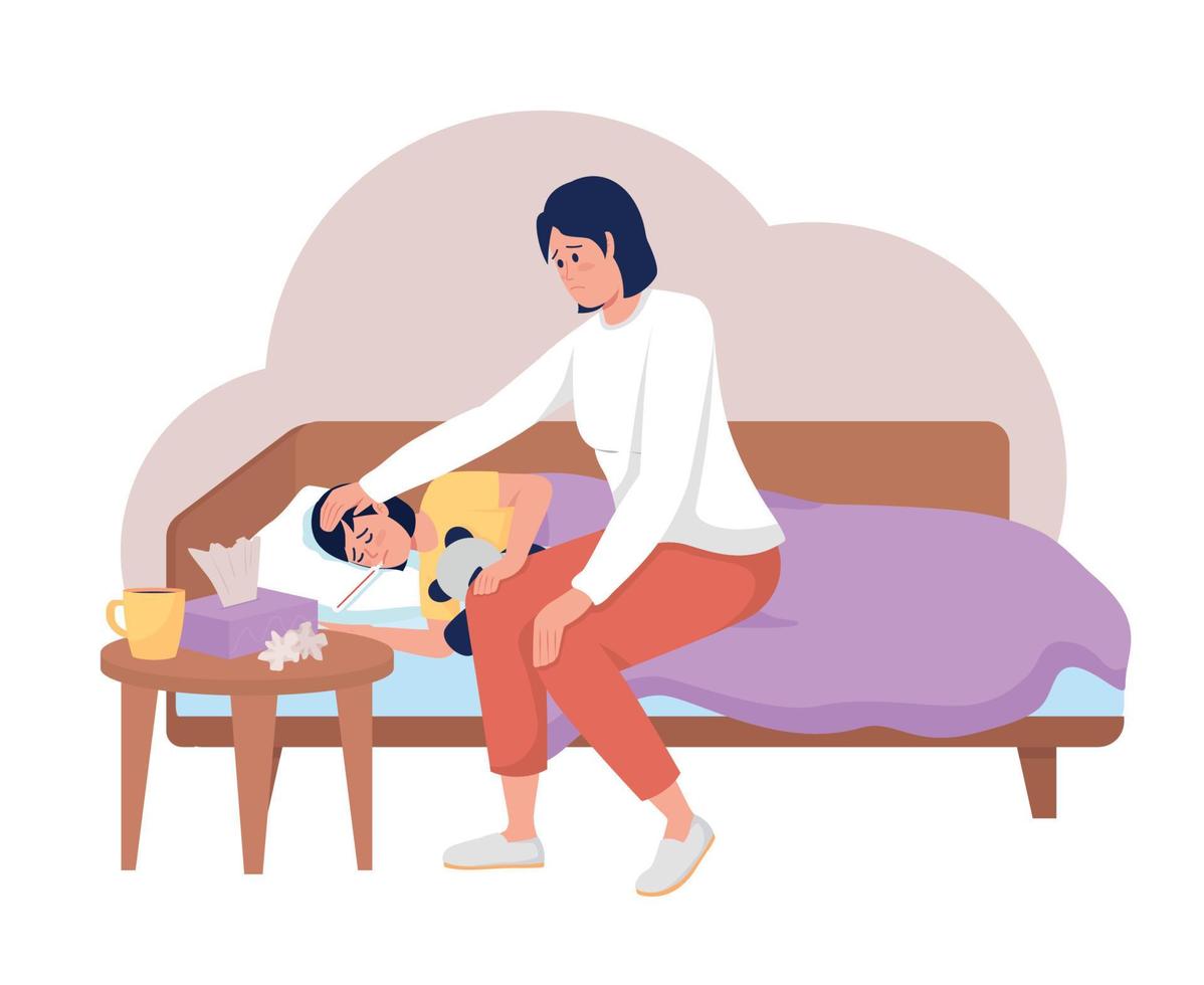 Kid with influenza 2D vector isolated illustration