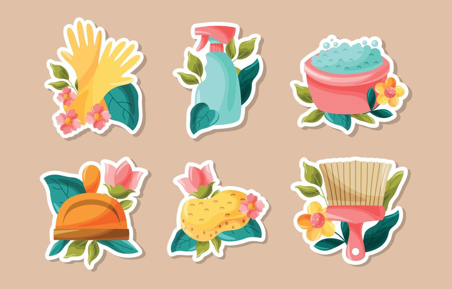 colección de pegatinas de garabatos de limpieza de primavera con flores y follaje vector