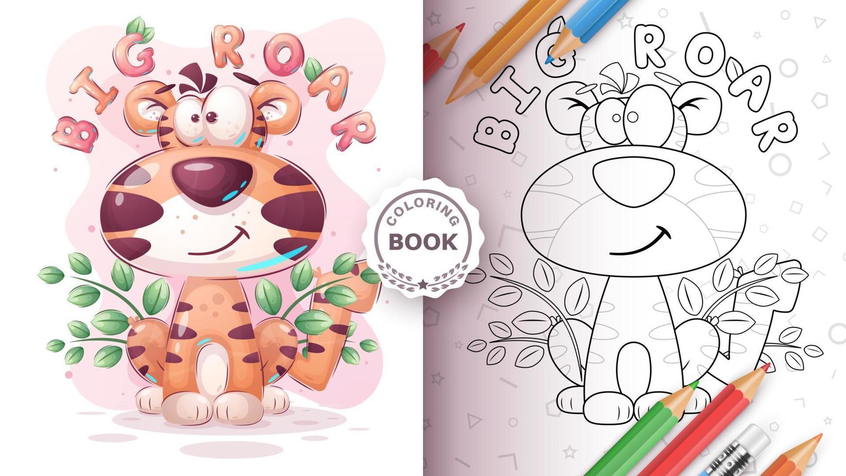 Cartoon character adorable animal tiger - coloring book vector