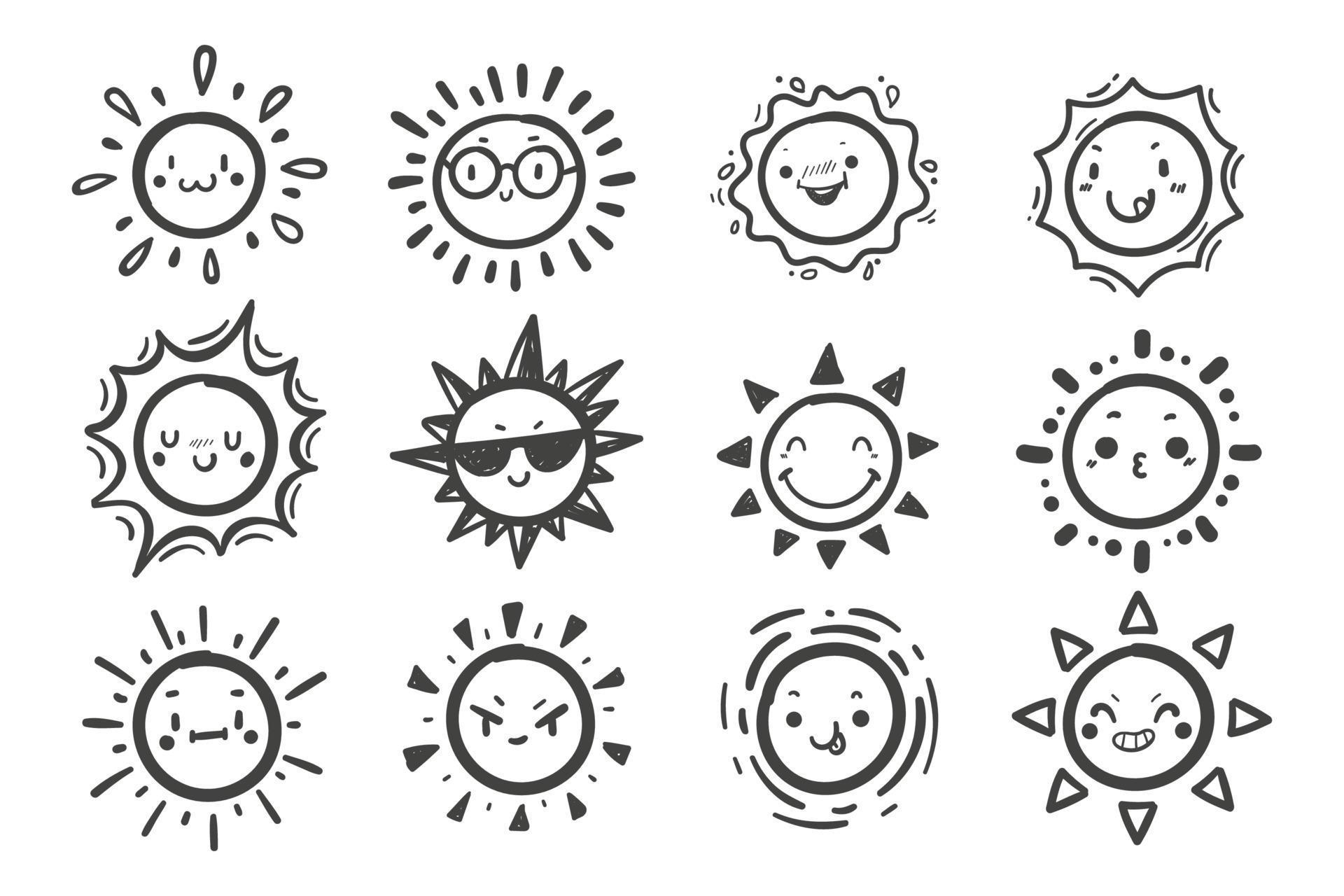 hand drawn cute cartoon character sun set summer solar radiation ...