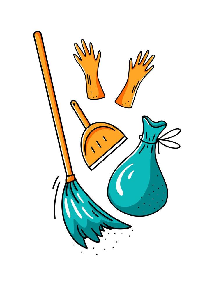 Hand drawn cleaning elements. Isolated on white background broom, dustpan, rubber gloves and bag with garbage. Vector illustration in doodle style.