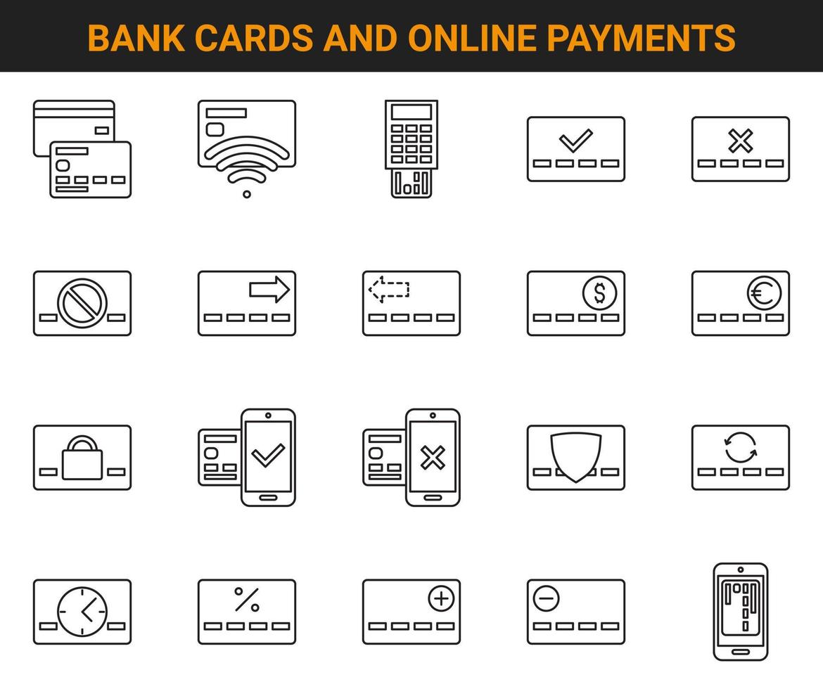 Bank cards and online payments linear icon set. Pixel perfect vector icons.