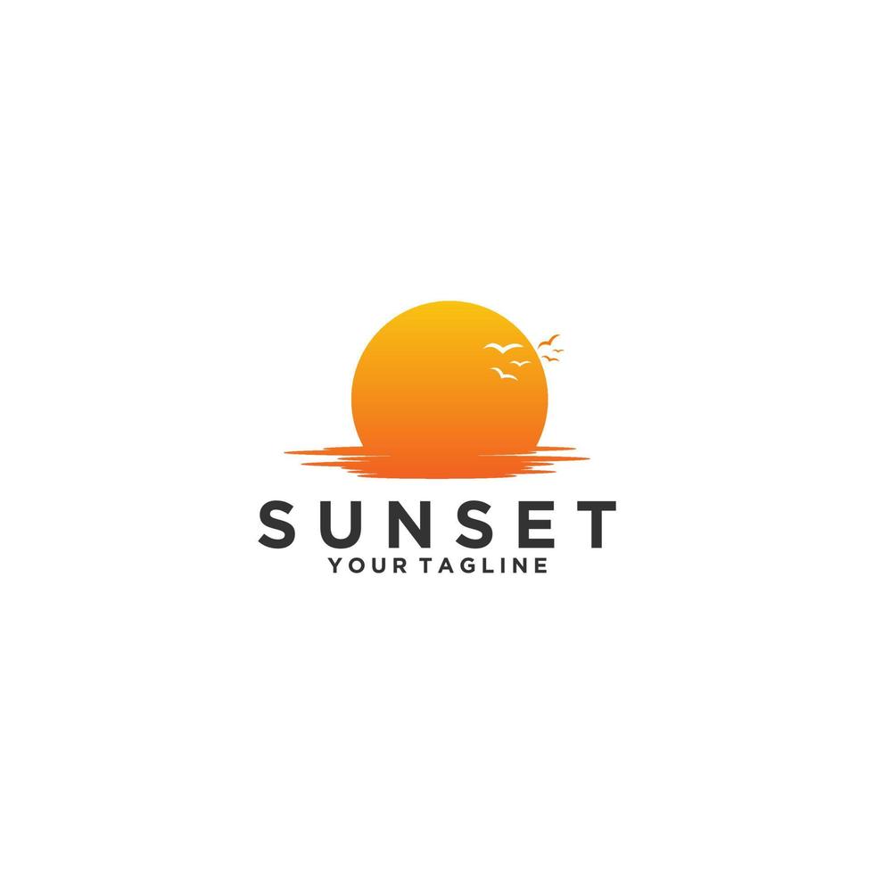 logotipo de la puesta del sol con el sol y pájaros voladores vector