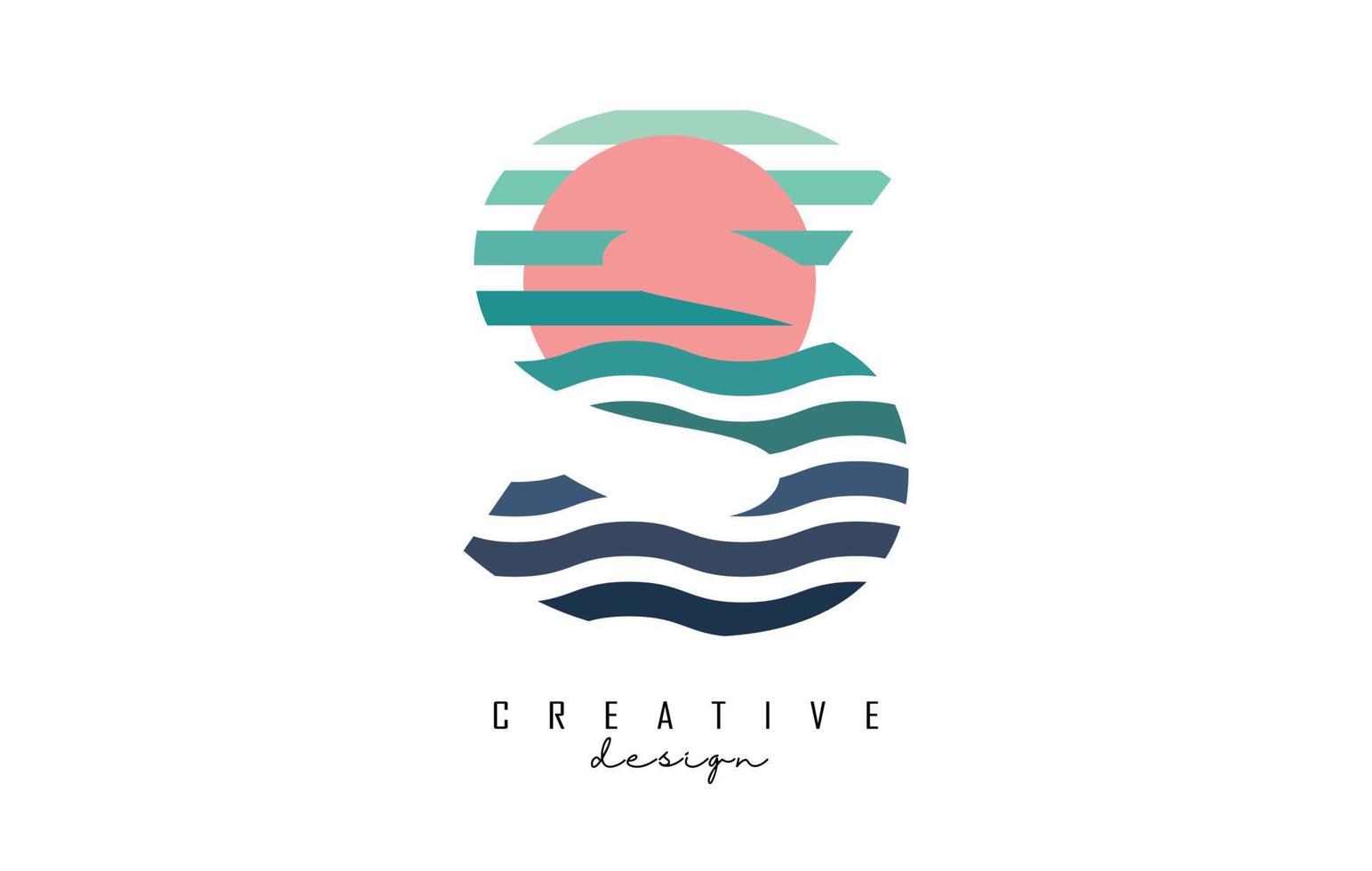 diseño del logotipo de la letra s con líneas degradadas y semicírculo rojo. ilustración vectorial con líneas de mar y puesta de sol. vector