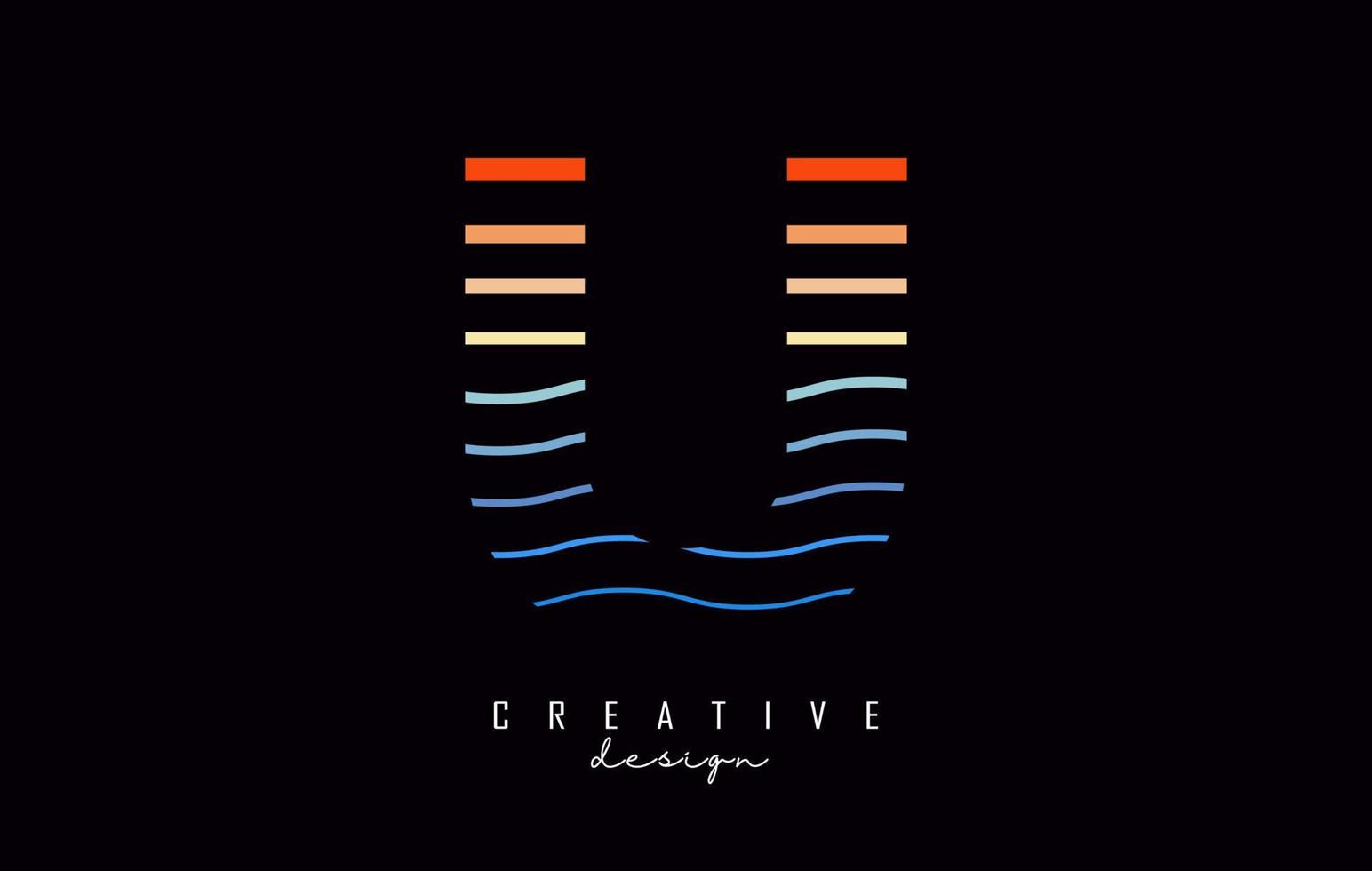 Letter U logo design with colorful lines. Vector illustration with sea and sunset color lines,