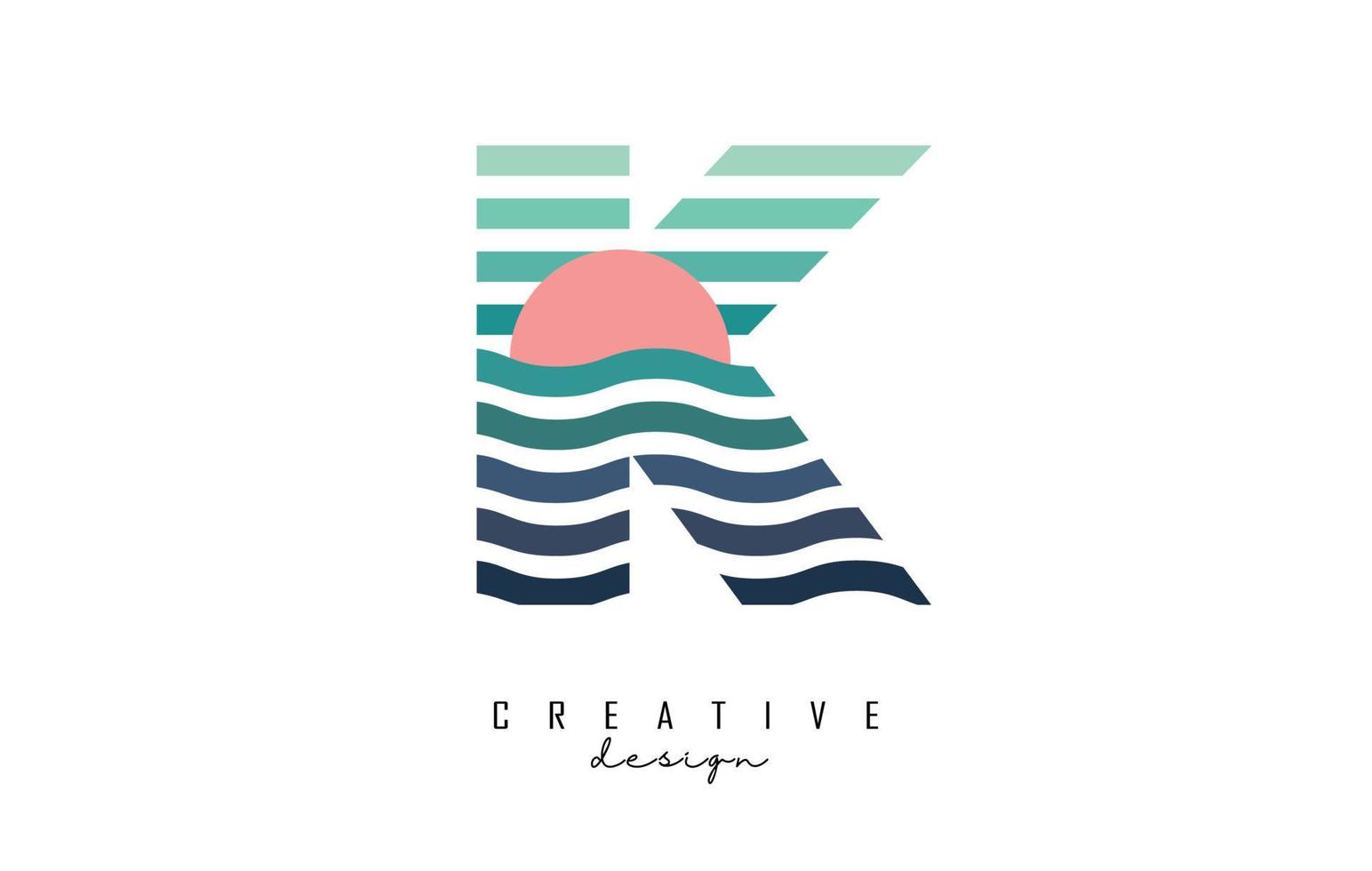 Letter K logo design with gradient lines and red half circle. Vector illustration with sea and sunset lines.