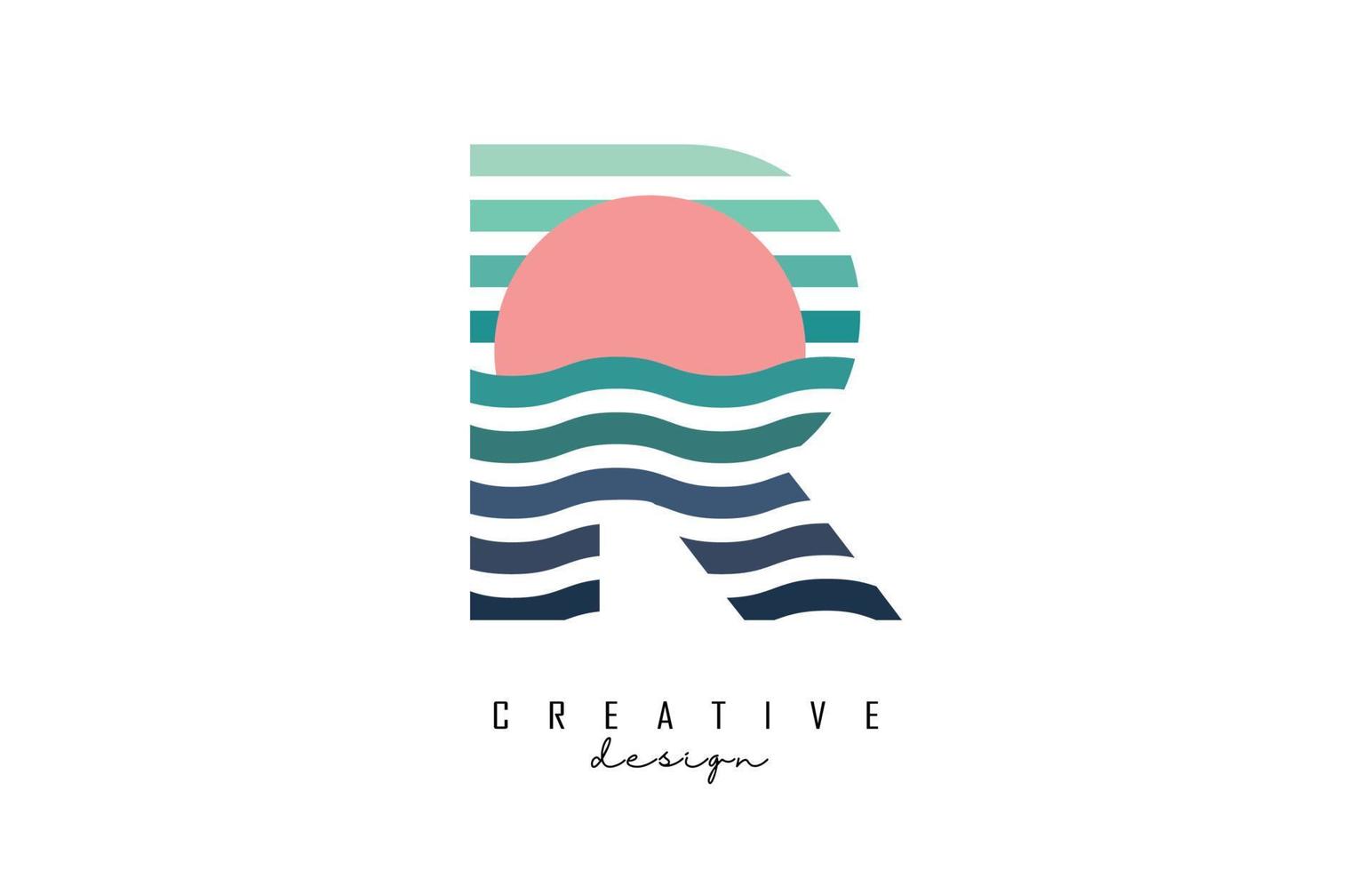 Letter R logo design with gradient lines and red half circle. Vector illustration with sea and sunset lines.