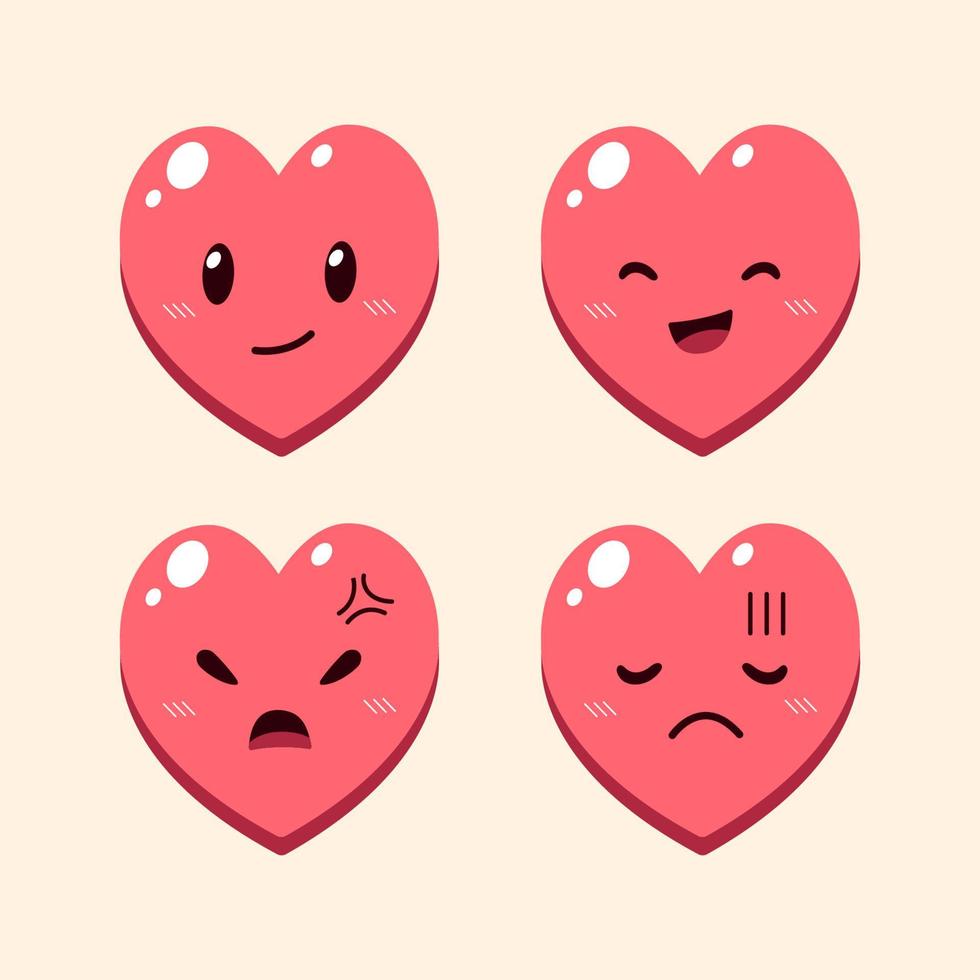 Vector cartoon cute heart character faces showing different emotions