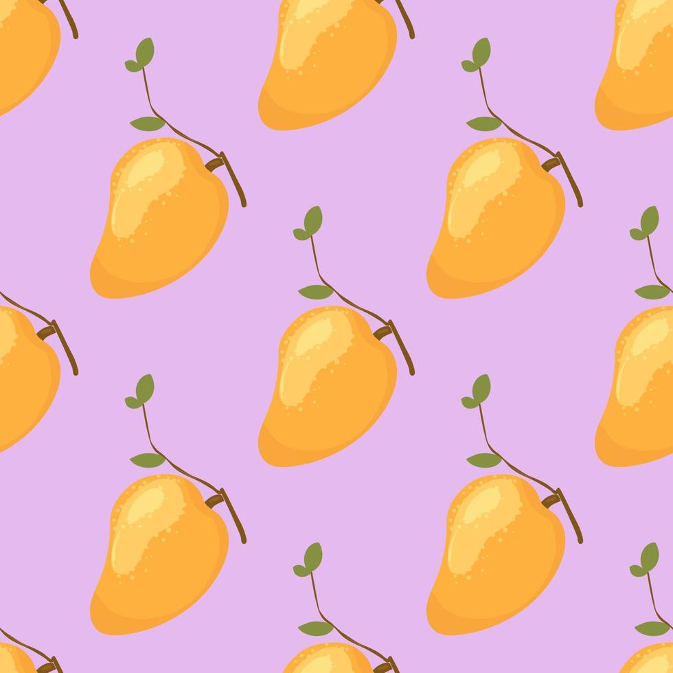 Mango pattern. Fruit seamless pattern. Ripe yellow mango whole with leaves on a purple background. Illustration for fabric, wallpapers, posters. vector