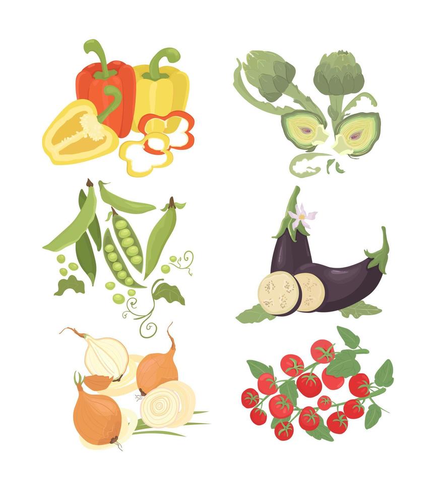 conjunto de verduras frescas. verduras frescas saludables. diseño de un mercado de agricultores, menú, publicidad. berenjenas, alcachofas, guisantes, cebollas, tomates, pimientos. vector