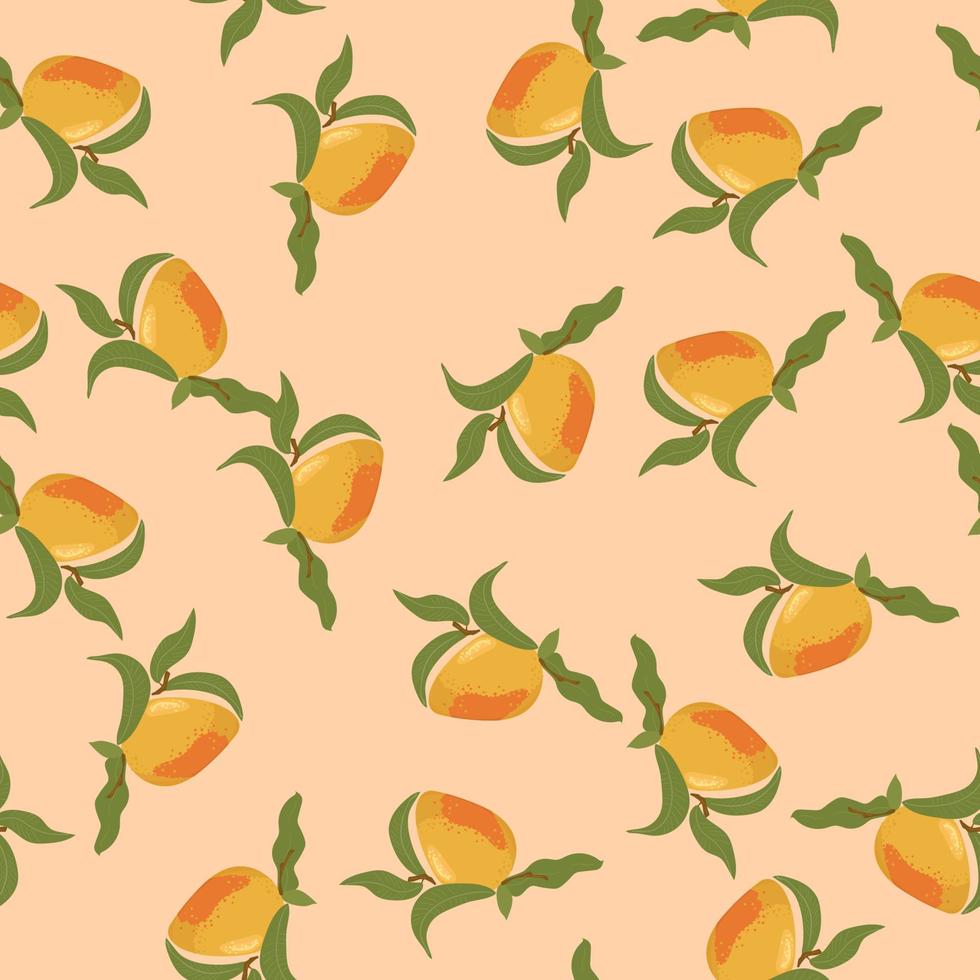 Mango pattern. Fruit seamless pattern. Ripe yellow mango whole with leaves on a pink background. Illustration for fabric, wallpapers, posters. vector