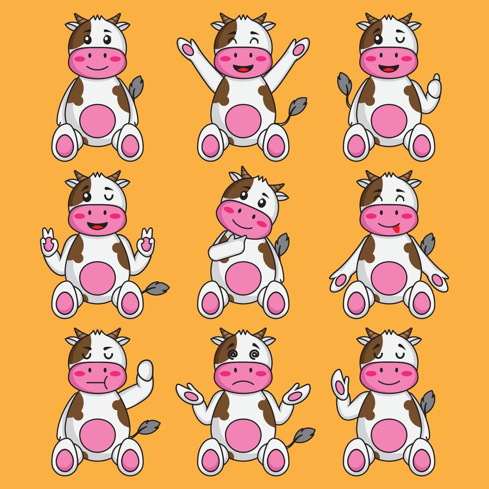 conjunto de dibujos animados lindo dibujo animado de vaca en diferentes poses sentadas vector