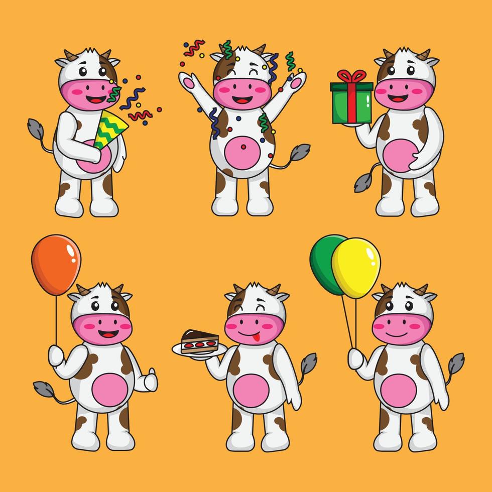 cartoon set cute cow cartoon celebrating birthday in different pose vector