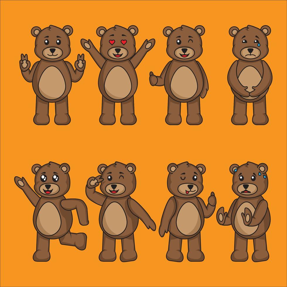 lindo oso de peluche de dibujos animados en diferentes poses vector