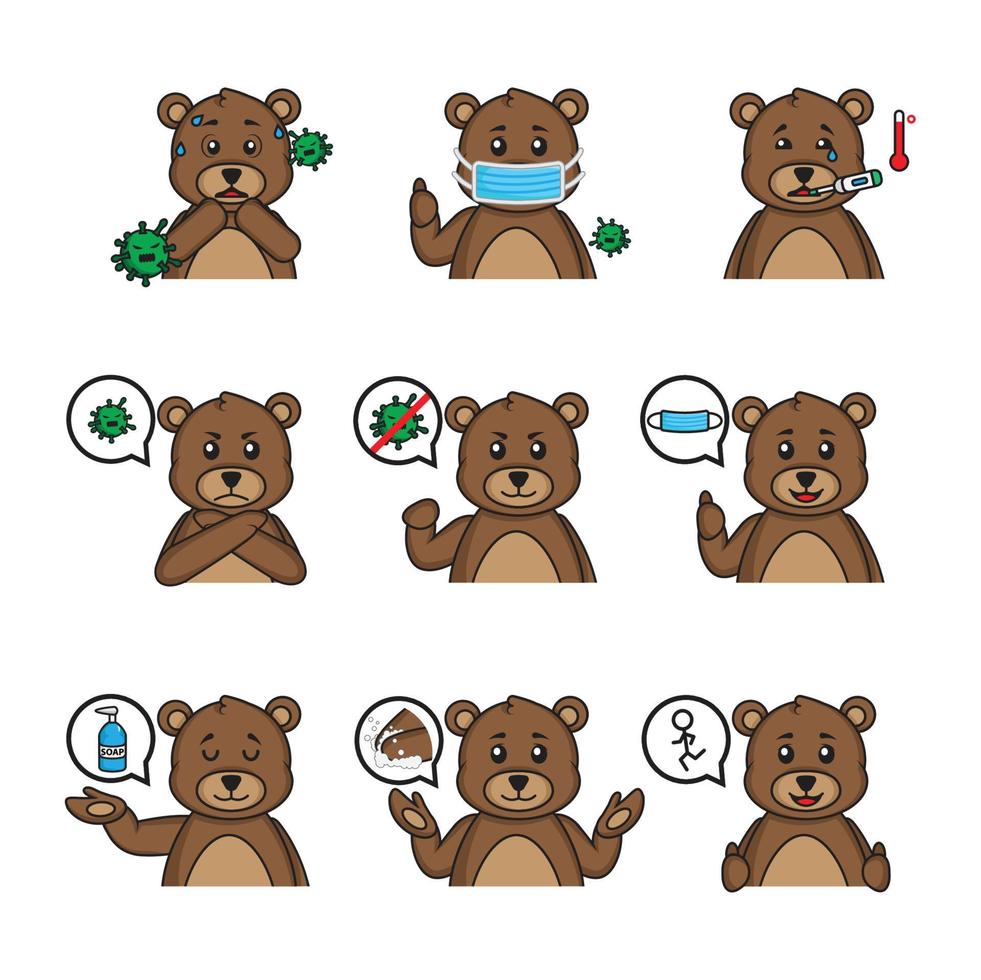 cartoon set cute teddy bear in different corona appeal poses vector