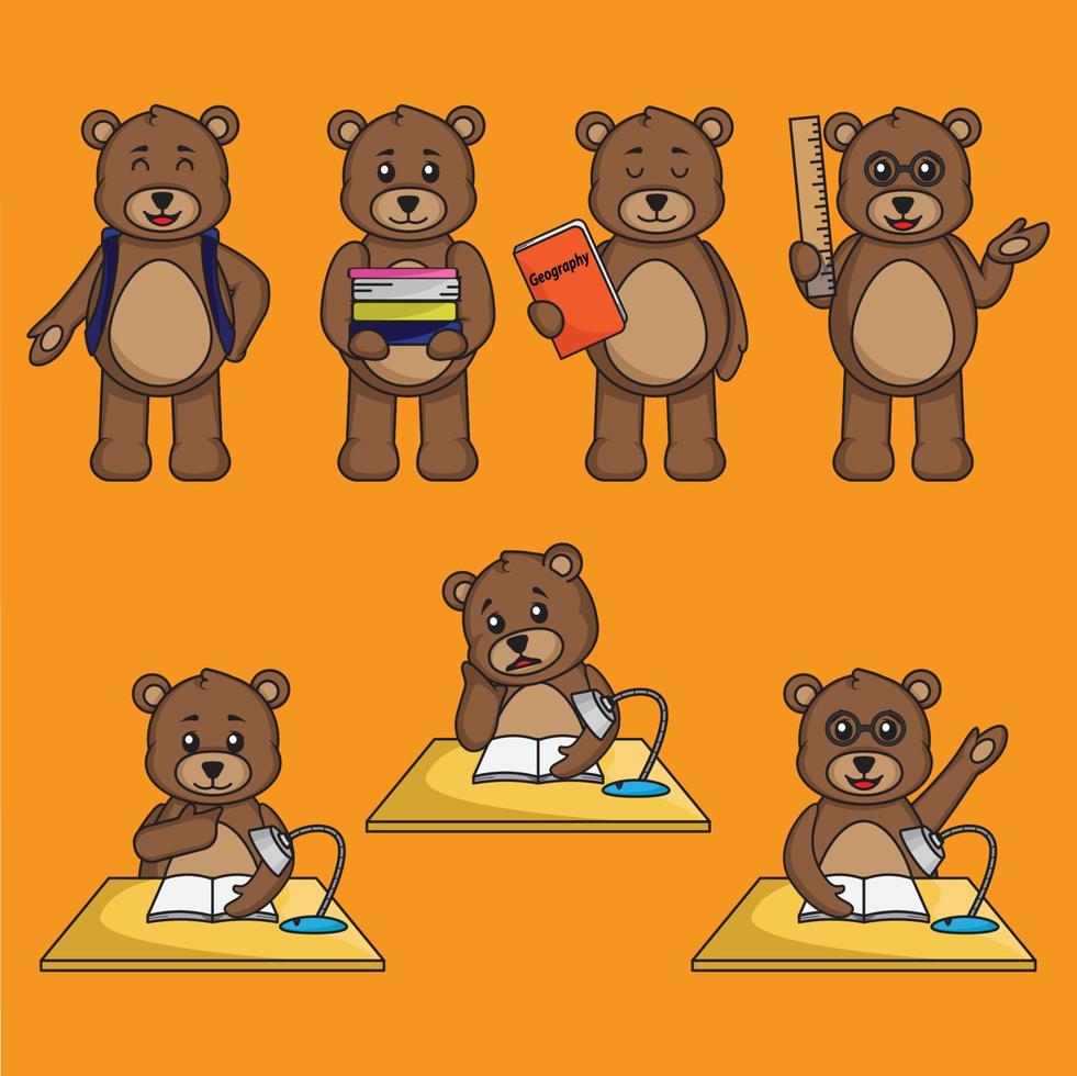 cartoon set cute teddy bear in different learning poses vector