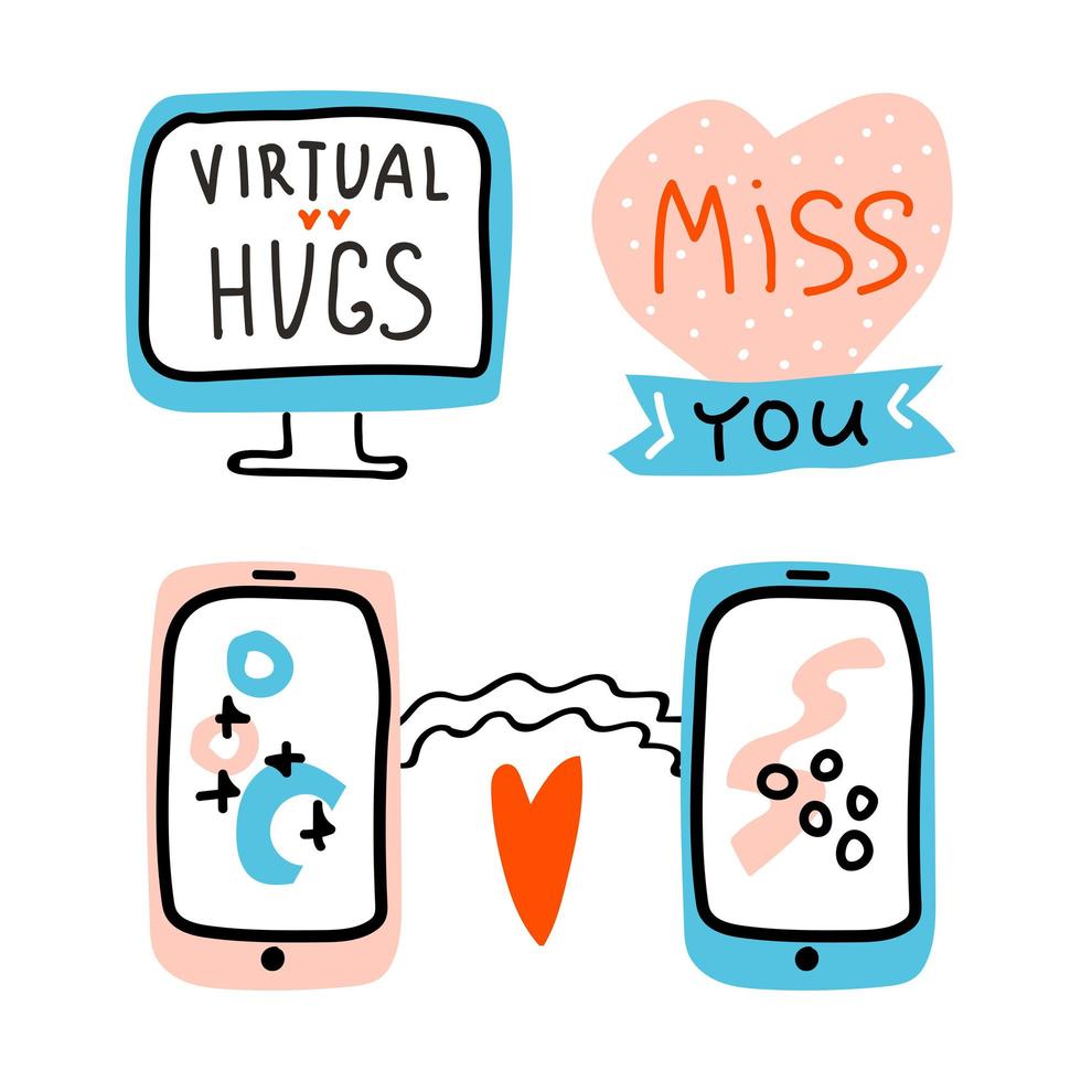 Valentines Day set doodle icon mobile phone Virtual Love. Monitor, Internet Love, talk, chat, decoration, heart. Miss You and Virtual Hugs Lettering. Hand drawn, line art, flat and lettering vector